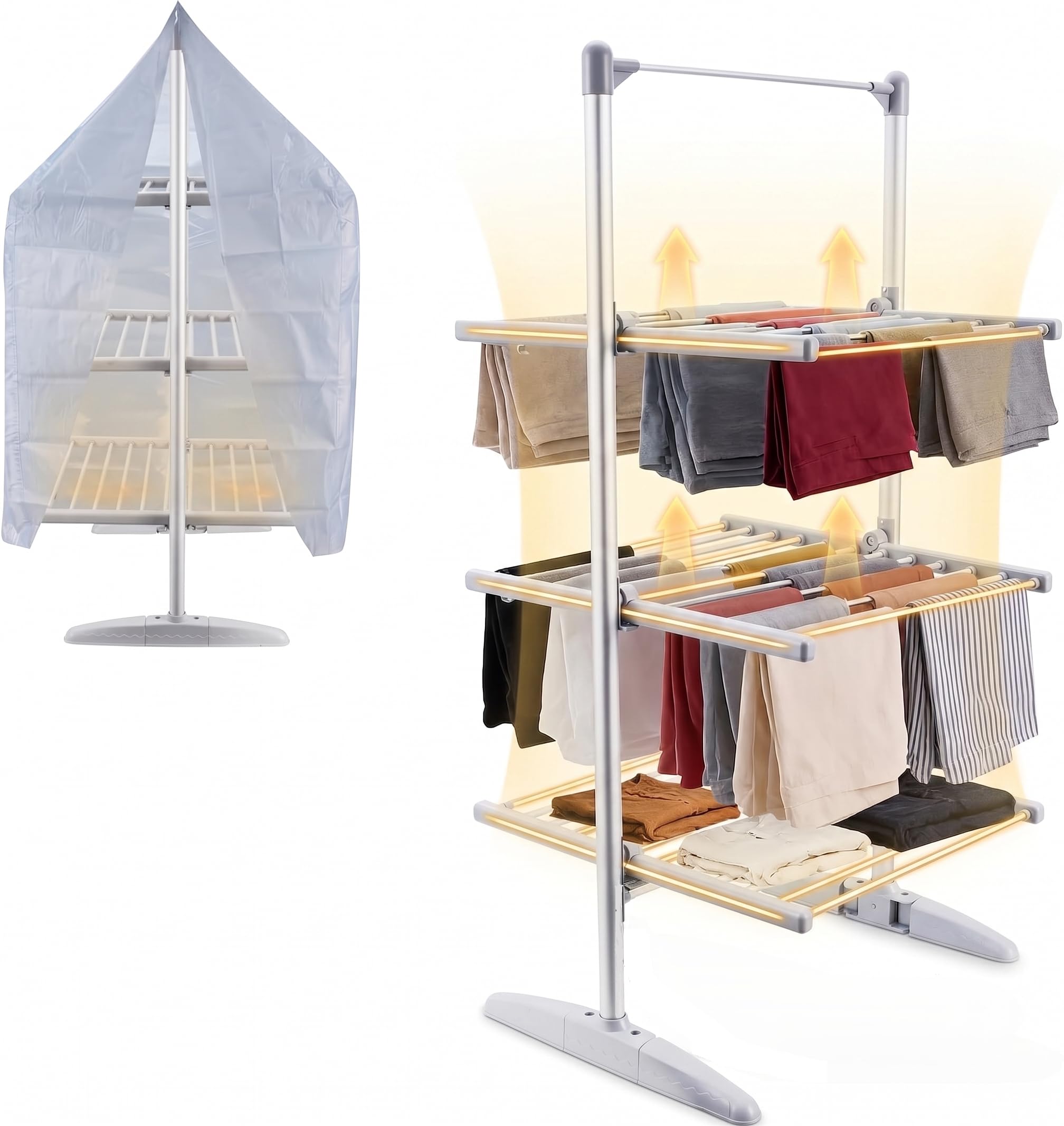 Bargain Factory White Xl Electric Heated Clothes Airer, 3 Tier Indoor Laundry Dryer Rack With Cover, 36 Heating Tubes, Foldable, 147X73x15.5cm