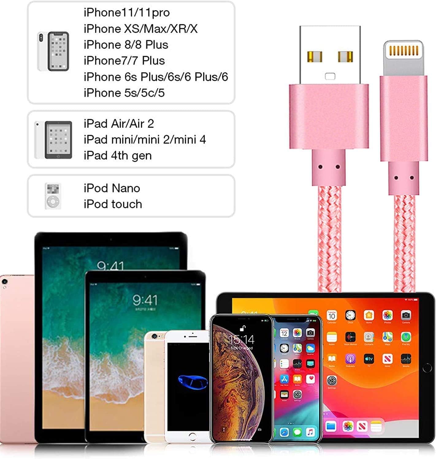 iPhone Charger, Mfi Certified Lightning Cables 3Pack 6Ft to USB Syncing Data and Nylon Braided Cord Charger for iPhone 11/11 Pro Max/XS MAX/XR/XS/X/8/7/Plus/6S/6/iPad(Pink)…