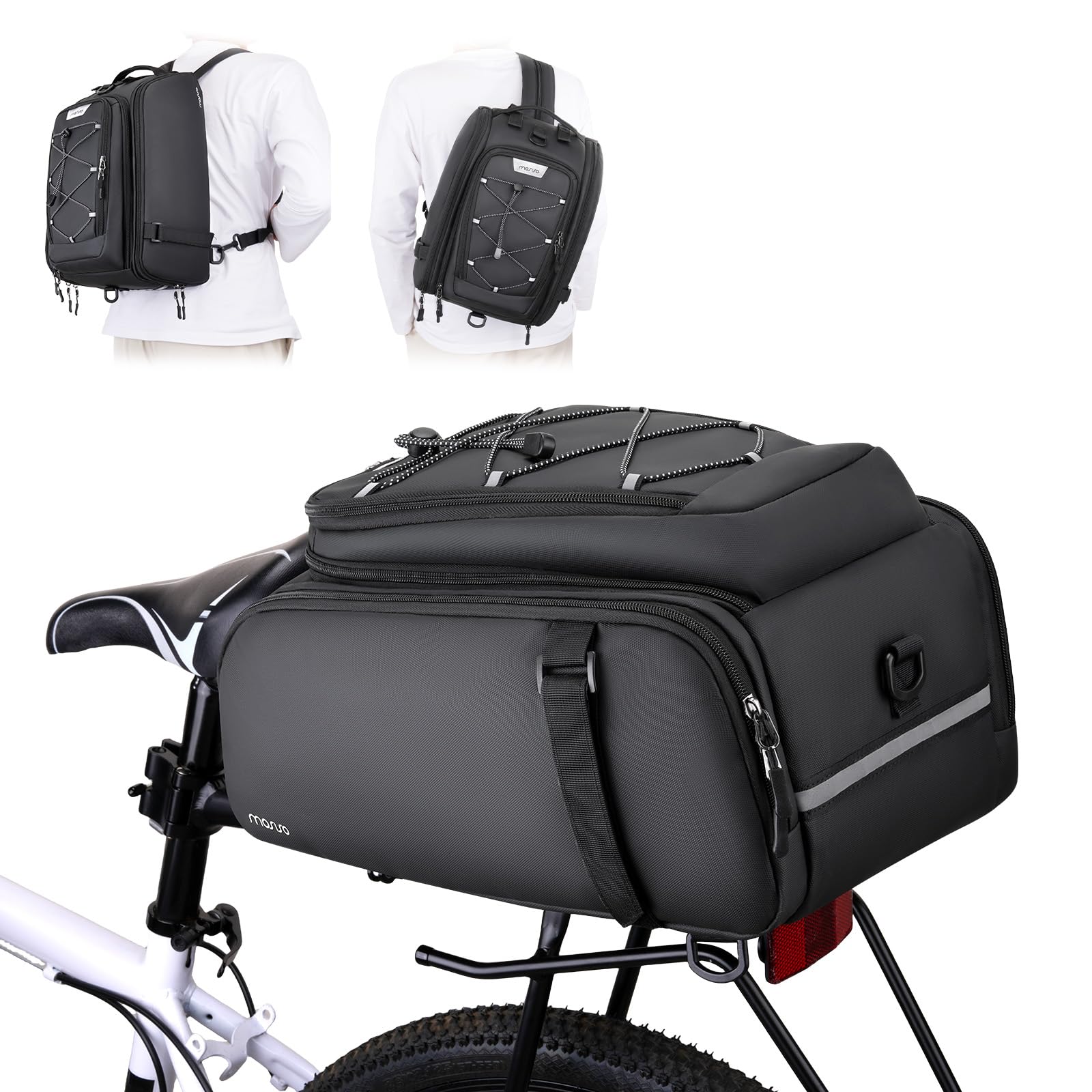 MOSISO Sac à Dos Vélo Arrière Étanche 15L, Bagage Arrière Vélo Électrique Convertissable, Sac à Main Vélo avec Housse de Pluie, Corde Élastique & Ceinture d'épaule pour Commuter Voyage Extérieur,Noir | Sac à dos convertible imperméable de 15 l avec housse