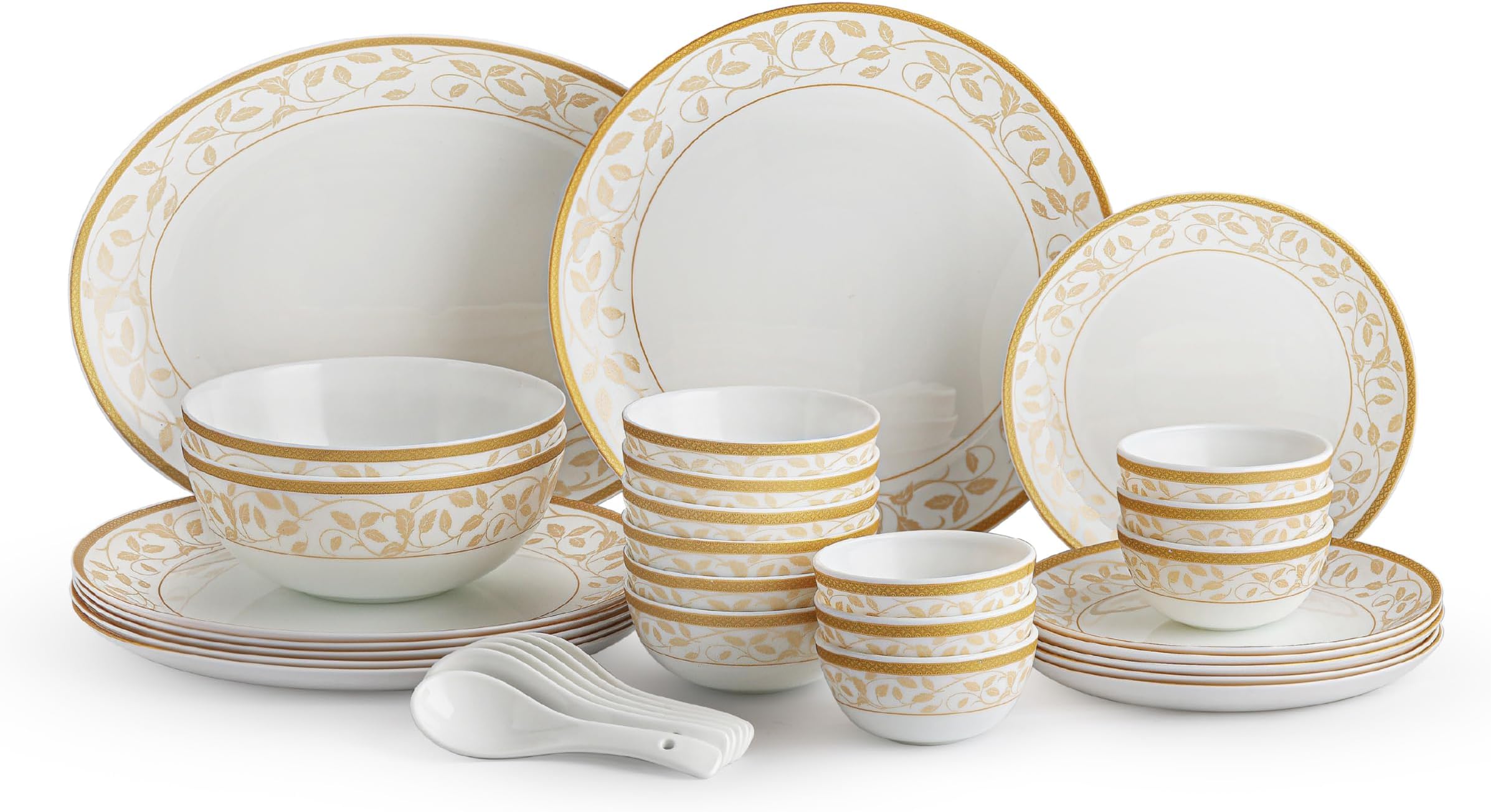 Amber Gold Divine Series Opalware Dinner Set of 33 Pieces for Family of 6 | Bone-Ash Free & Leadfree Opal Glass, Microwave & Dishwasher Safe Plates & Bowls Crockery Set for Dining & Gifting