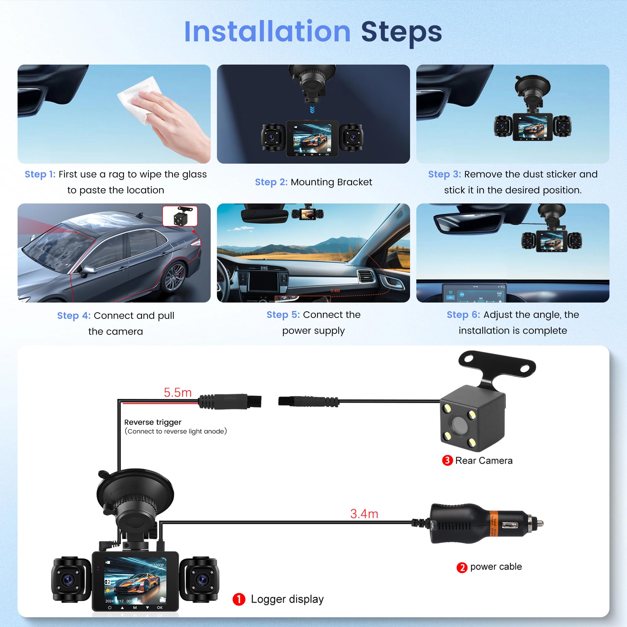 Dashcam Auto 360° Rimoody - 4 Telecamere 1080P, Schermo 2.4", Visione Notturna, Parcheggio 24H, G-Sensore
