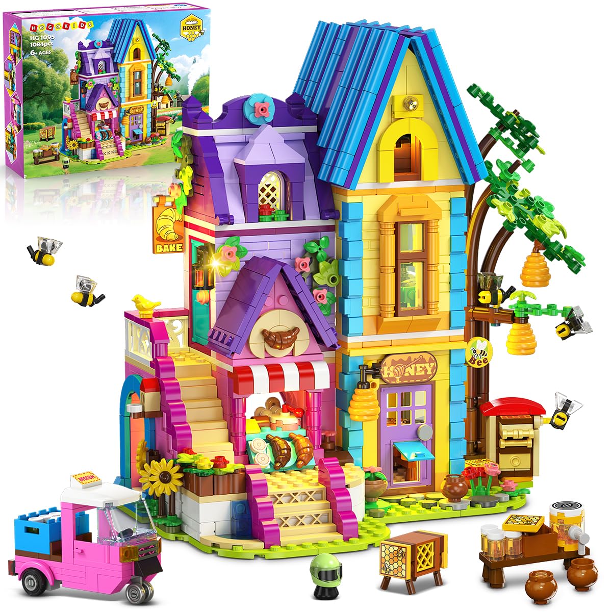 HOGOKIDS Friends Mädchen Backset Bauspielzeug mit LED-Licht - 1084PCS Bienenhaus & Bäckerei Haus, Rollenspiel-Geschenk zum Geburtstag oder zu Weihnachten für Kinder Mädchen Jungen ab 8-12+ Jahren