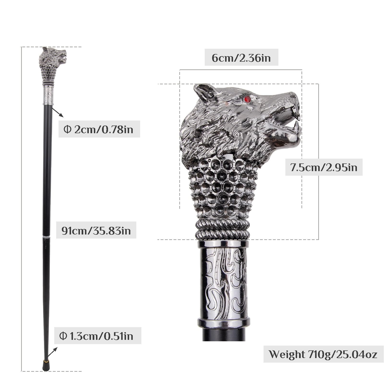 Bastón de Paseo Lobo Rojo de Ojos Plateados, Bastón de Lujo Desmontable con Empuñadura Antideslizante para Hombre y Mujer, Cospaly Vintage Party 91 Cm