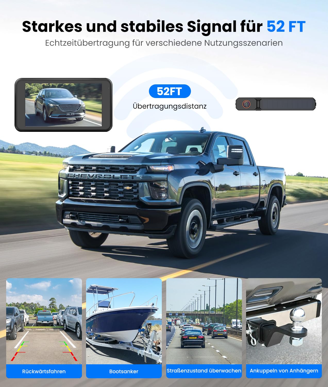 AUTO-VOX Solar Rückfahrkamera Kabellos 5" 1080P Monitor 5000mAh Akku IP69K Wasserdicht für Auto LKW Van SUV Wohnmobil