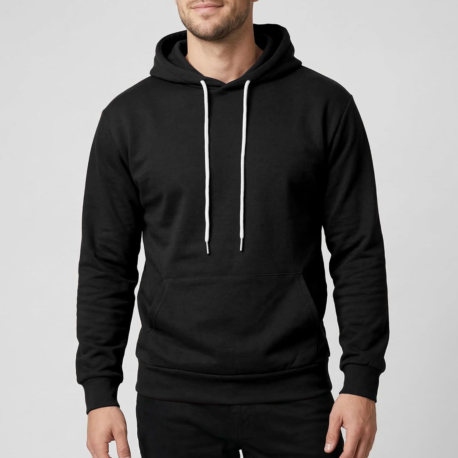 Ohoo Mens Slim Fit Plain Pullover Hoodies Soft Cotton Fabric Sweatshirt Lightweight Long Sleeve with Kanga Pocket