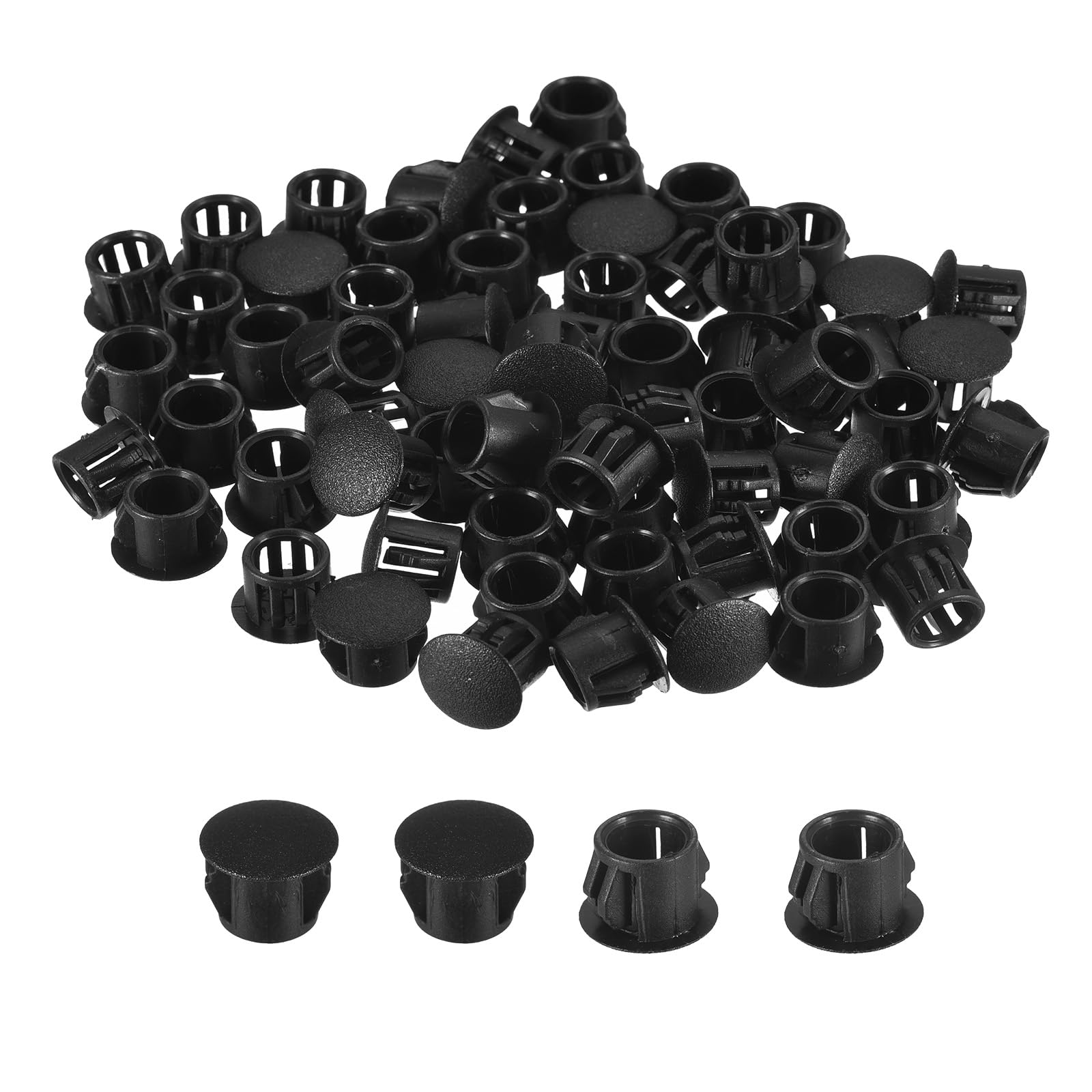 uxcell 3/8" Plastic Hole Plugs, 66Pcs Flush Type Panel Round Snap in Fastener Knockout Locking Plugs for Furniture Insert End Caps Panels, Black