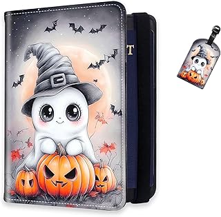 RFID Passport Holder for Travel with Luggage Tags, PU Leather Passport Wallet with Multiple Card Slots, Cute Spirit Pumpkin Travel Passport Case for Men & Women