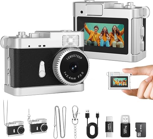 Mini Keychain Camera, 2MP Mini Digital Camera with Built-in Flash & Retro Filters, 16GB Vintage Camera for Travel/Party/Vlog, Pocket Tiny Camera with Video Recorder, Birthday Gifts for Kids & Friends