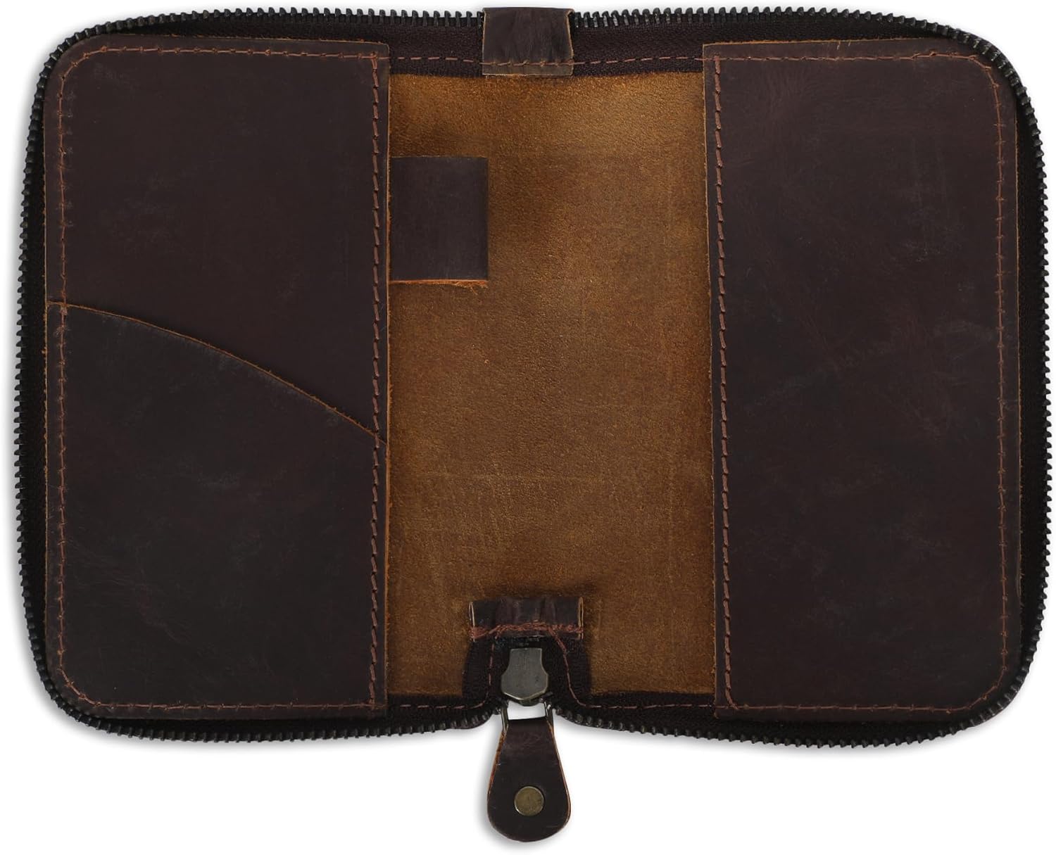 Zippered Leather Journal Cover Compatible with Moleskine Cahier TWONE Original Kraft Elan Pitch Black Pocket Size 3.5 x 5.5 for Field Notes Notebook Memo Books with Pen Holder Handmade Brown