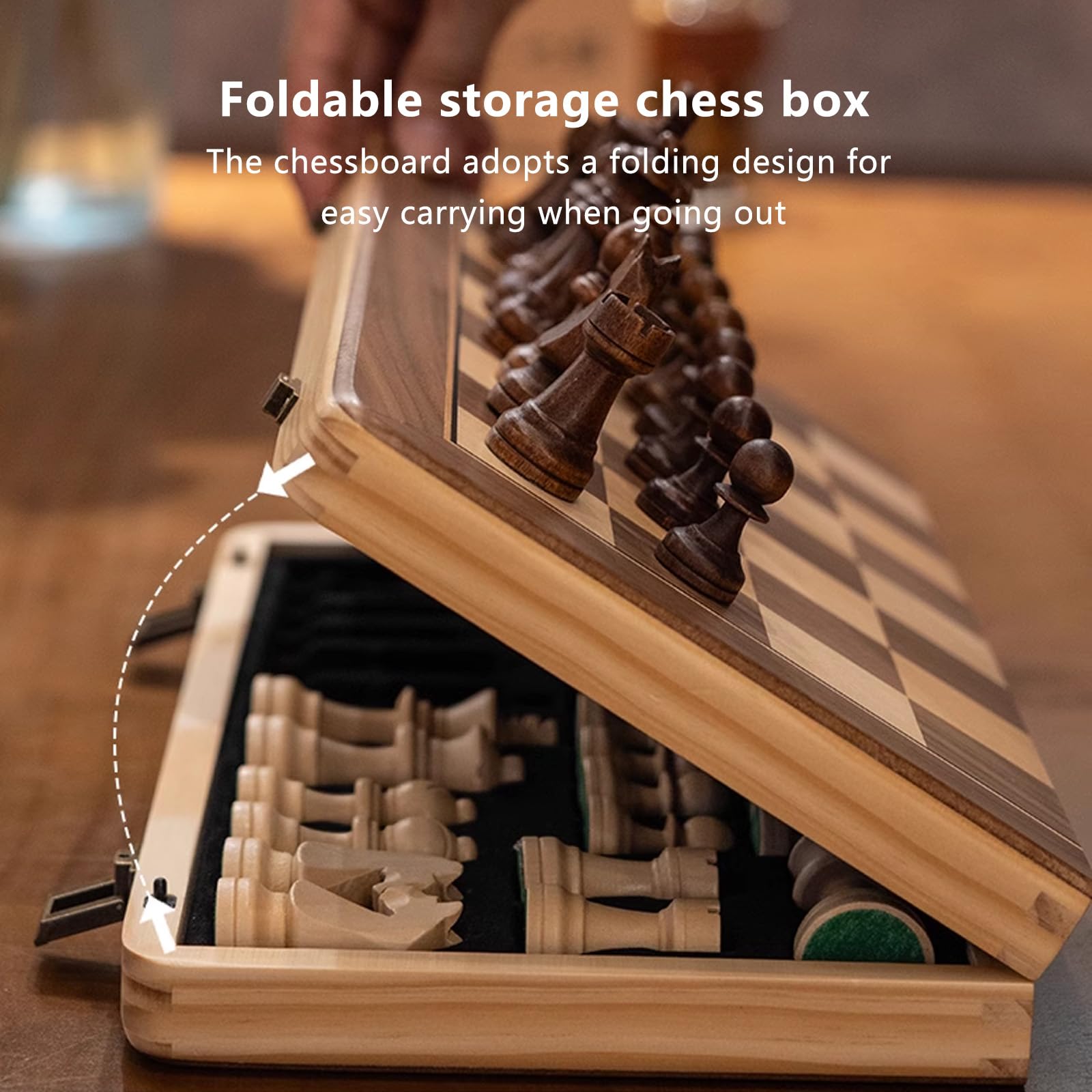 Scacchiera in Legno,15" Scacchiera Portatile con Slot di stoccaggio degli Scacchi,Facile da trasportare, Scacchiera Magnetica in Legno per i Principianti e Adulti