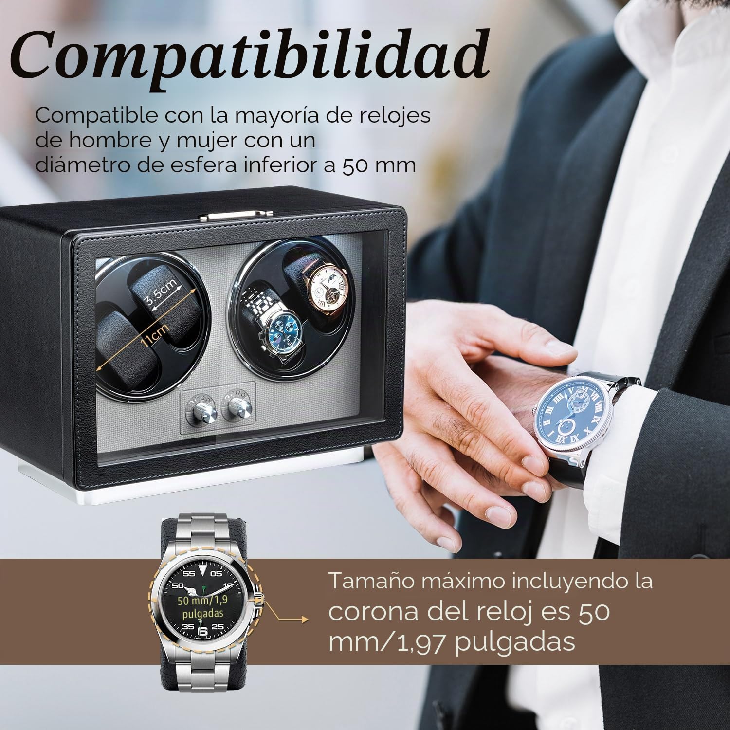 Mcbazel Cajas Giratorias para Relojes 4 Relojes, Reloj Automático Cajas con Luz LED Rectangular de Cuero PU con Motor Silencioso, USB-C Watch Winder con 4 Modos - Negro