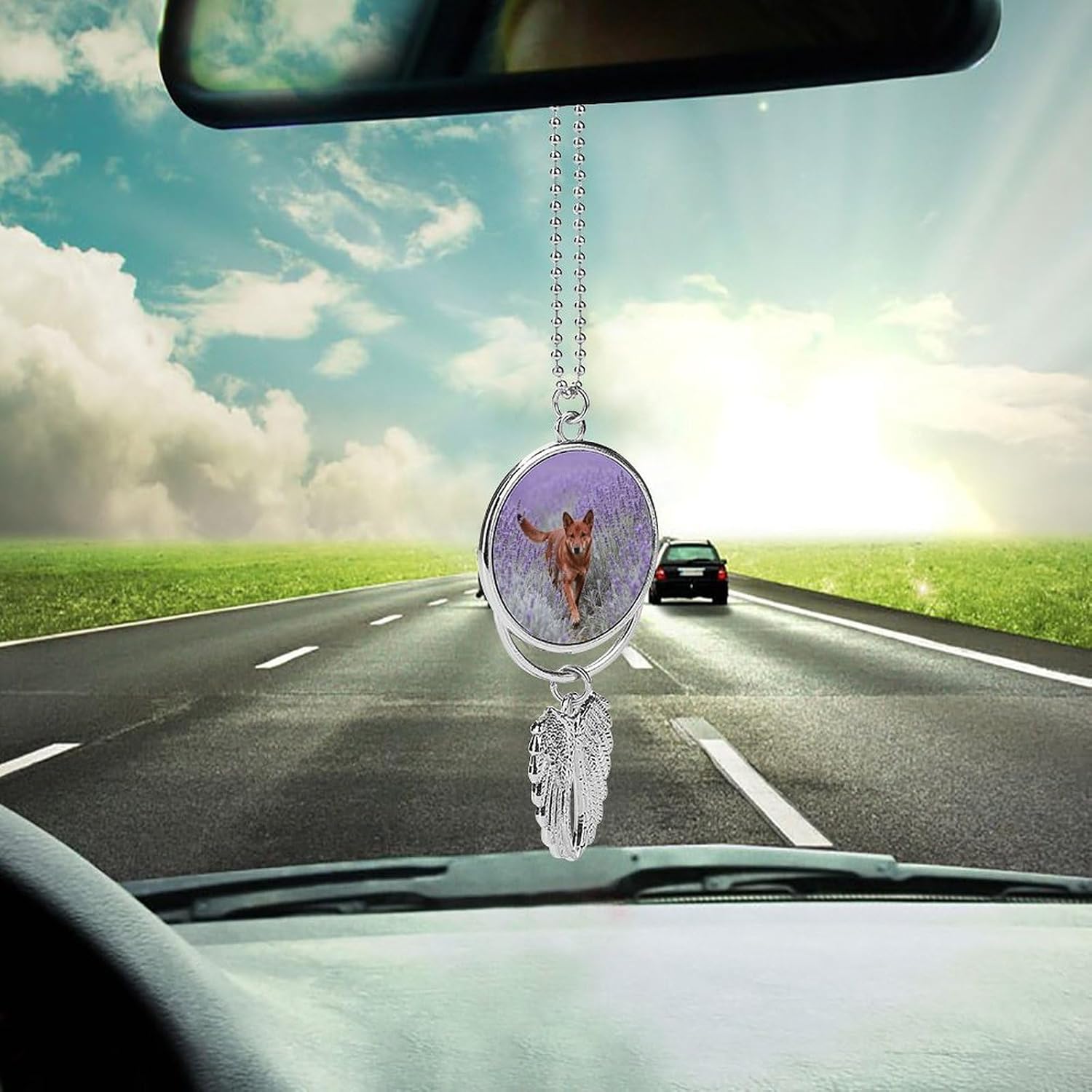 Dingo in Lavender Field Angel Car Rearview Mirror Charm Zinc Alloy Guardian Angel Pendant with Wings Rust-Proof Silver Auto Interior Accessories Universal Vehicle Decor for Women & Men Drive Safe Gift