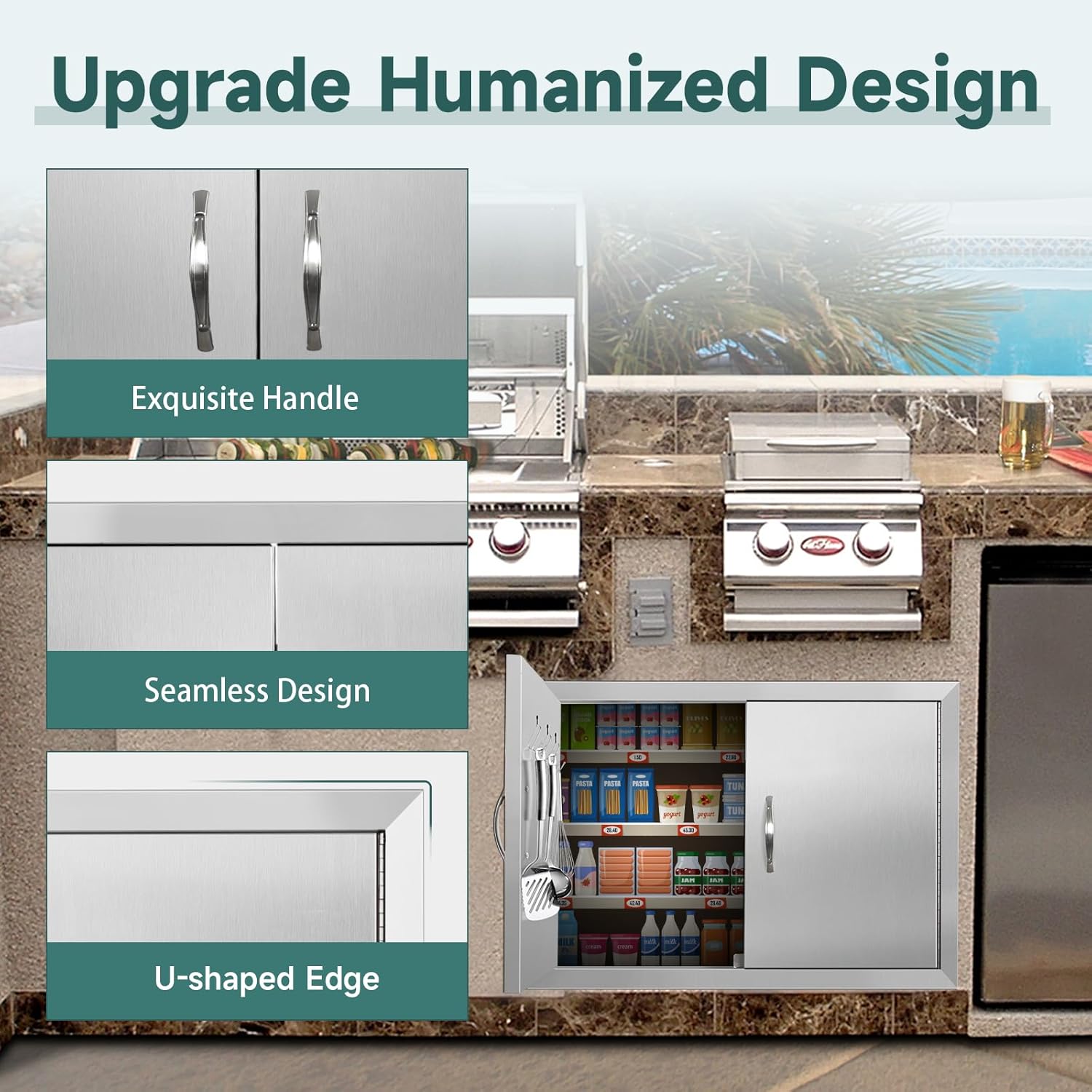 Outdoor Kitchen Doors 28W x 19H Inch BBQ Doors, Access Door with Hidden Handles& Hooks Double Access Cabinet Door, Flush Mount for Grilling Station, Outdoor Kitchens BBQ Island& Cabinet