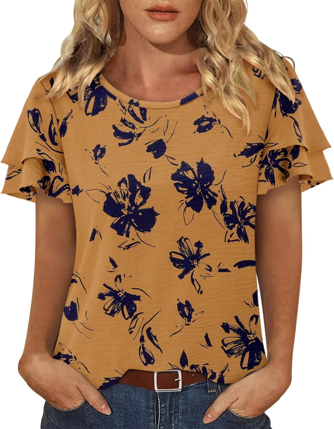 CRAZY GRID Women's Shirts Summer Casual Crewneck Short Sleeve Blouses Cute Floral Print Tunic Tops