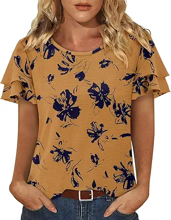 CRAZY GRID Women's Shirts Summer Casual Crewneck Ruffle Short Sleeve Blouses Cute Floral Print Tunic Tops