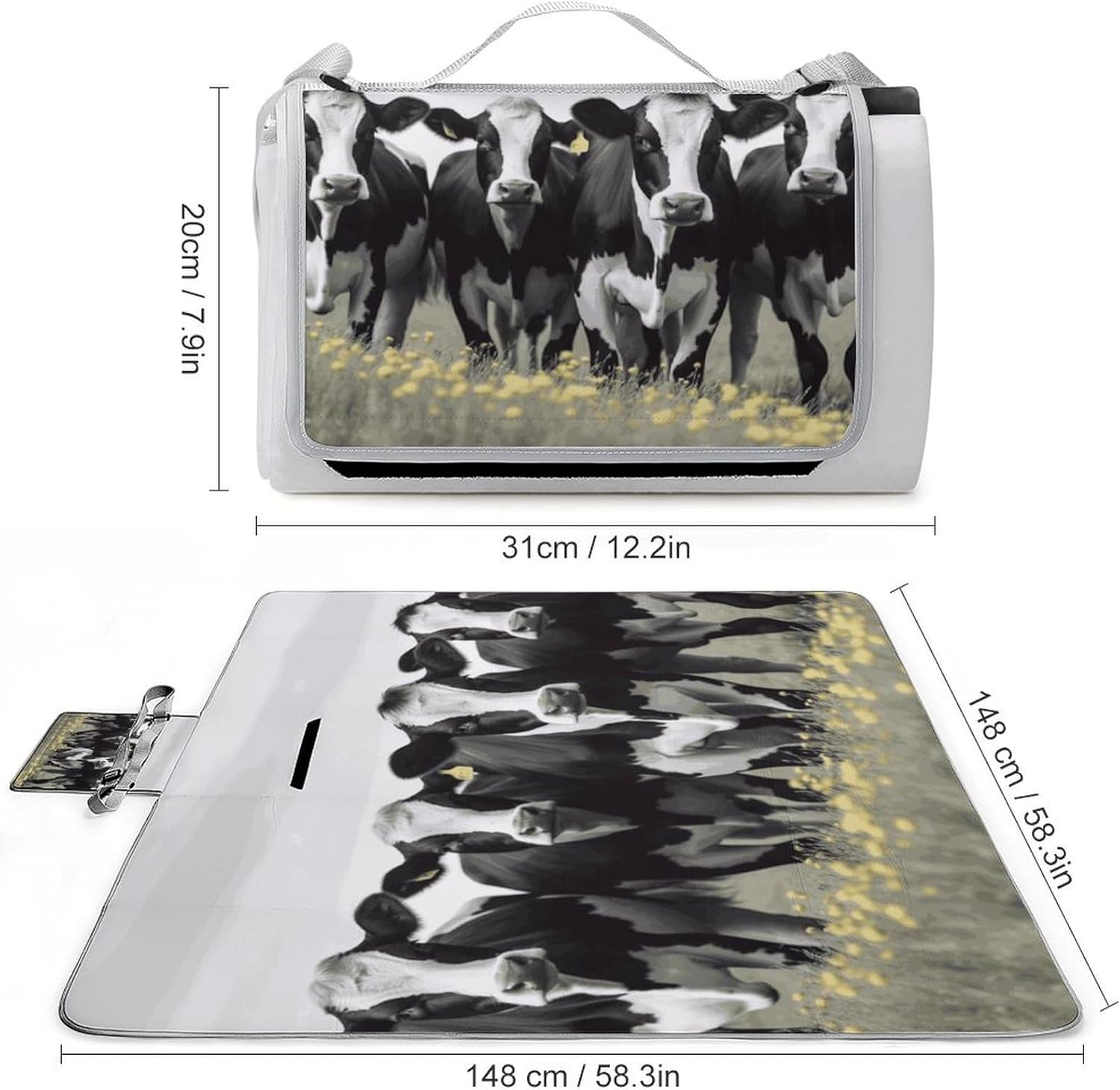 Outdoor Picnic Blanket Extra Large Beach Blanket Waterproof Picnic Mat Black White Cows Camping Blanket Portable with Carry Strap Park Blanket for Grass Camping Park