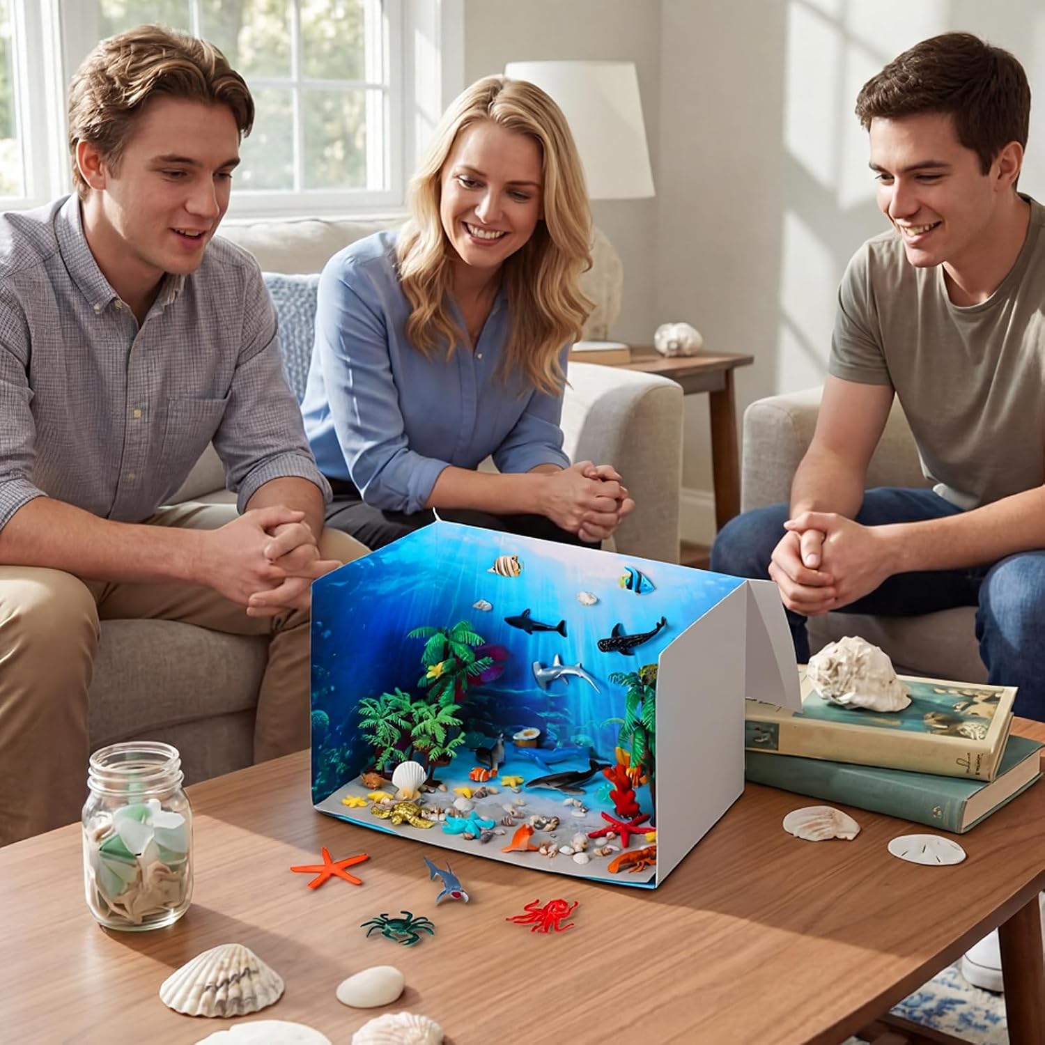 60 Pcs Ocean Diorama Kit Habitat Project Box Set Ocean Diorama Supplies Include Sea Animal Figures Artificial Coral Artificial Trees Sea Grass with Cardboard for DIY Craft Gifts