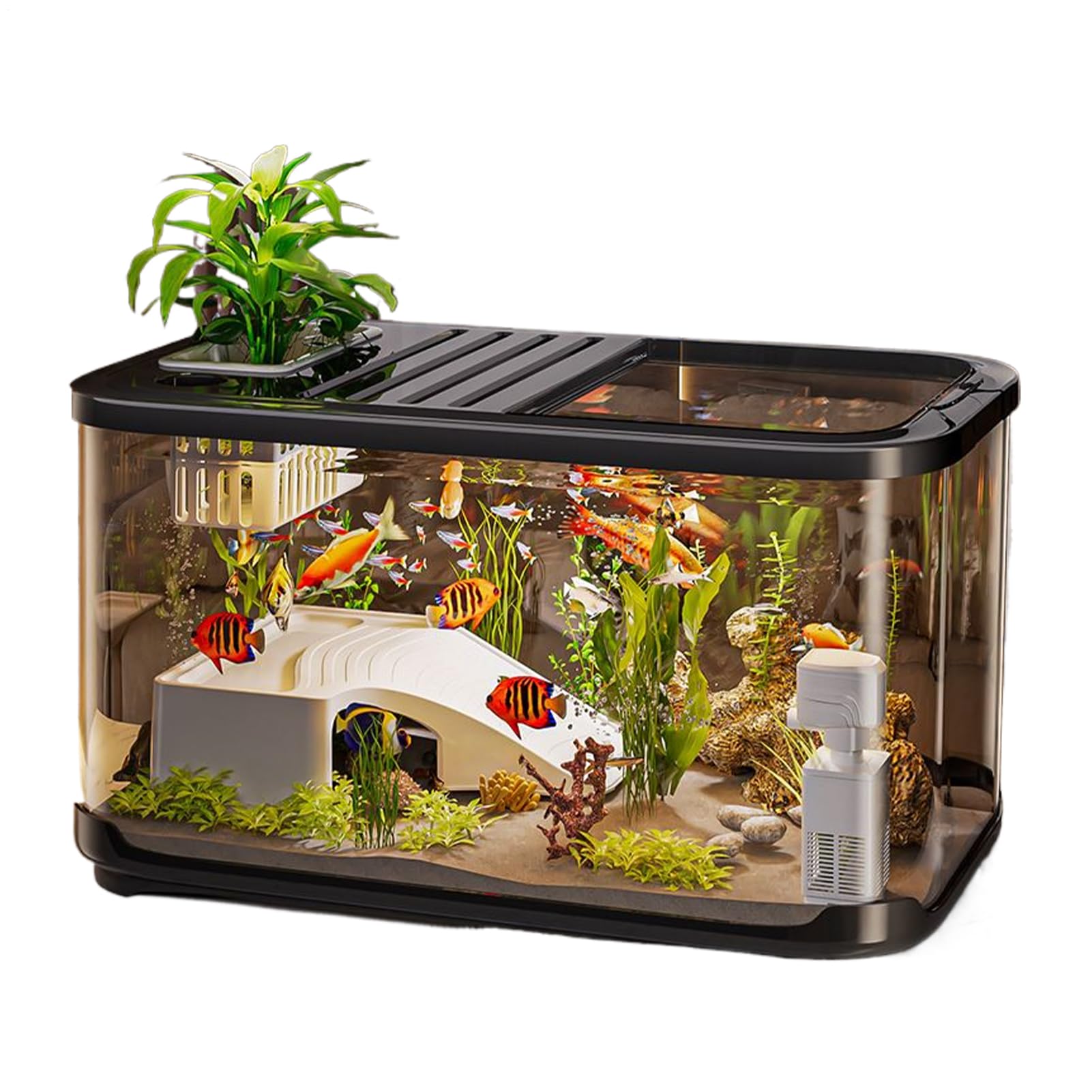 Aquarium Starter Set Mit Belüftungsöffnungen - Anfänger Set Fischbehälter,Schildkrötenbecken Mit Rampe Für Süßwasser Salzwasser Pflanzen Deko