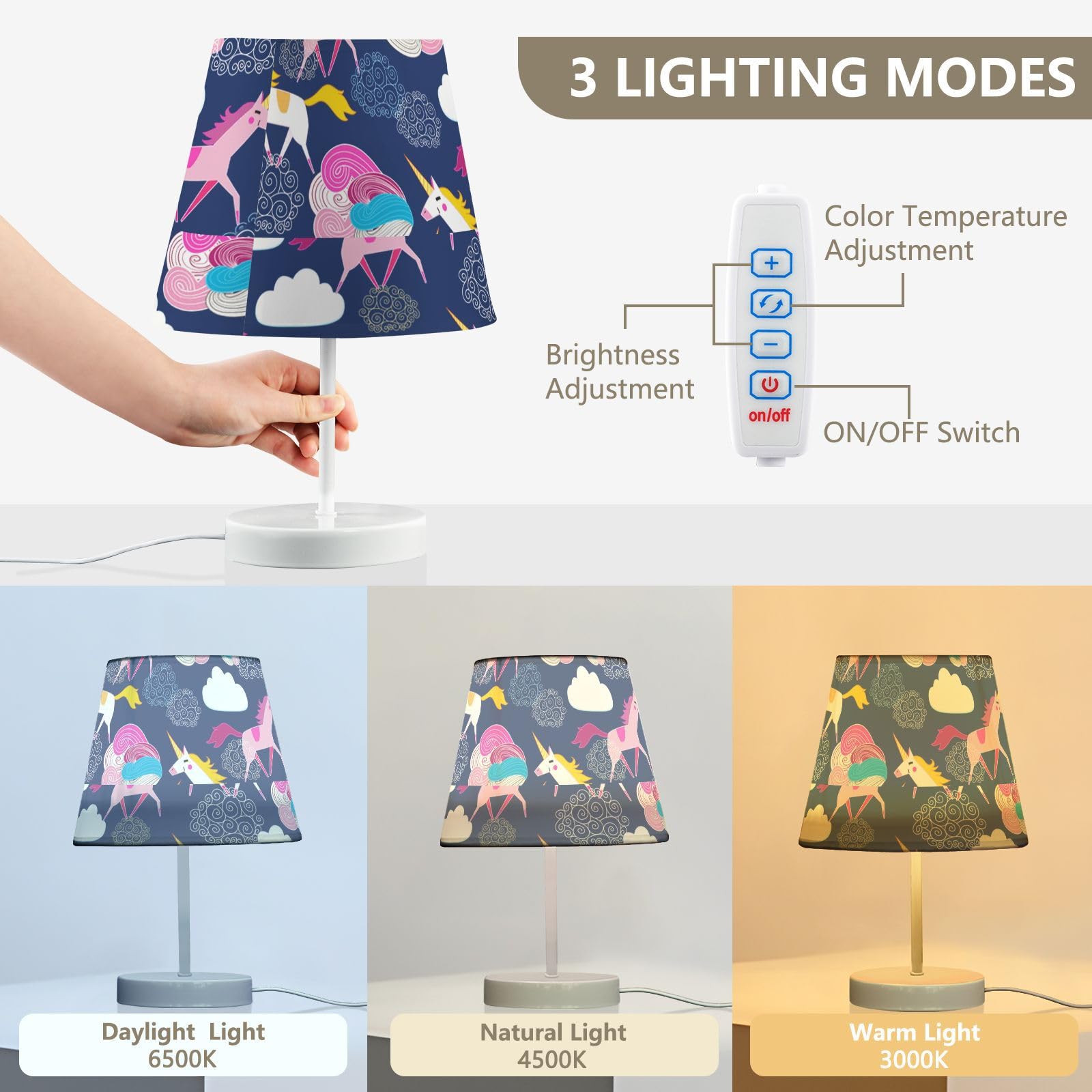 Mnsruu Lampe de chevet licorne arc-en-ciel bleu foncé lampe de table ampoules LED lampe de bureau abat-jour en tissu pour chambre à coucher salon taille M