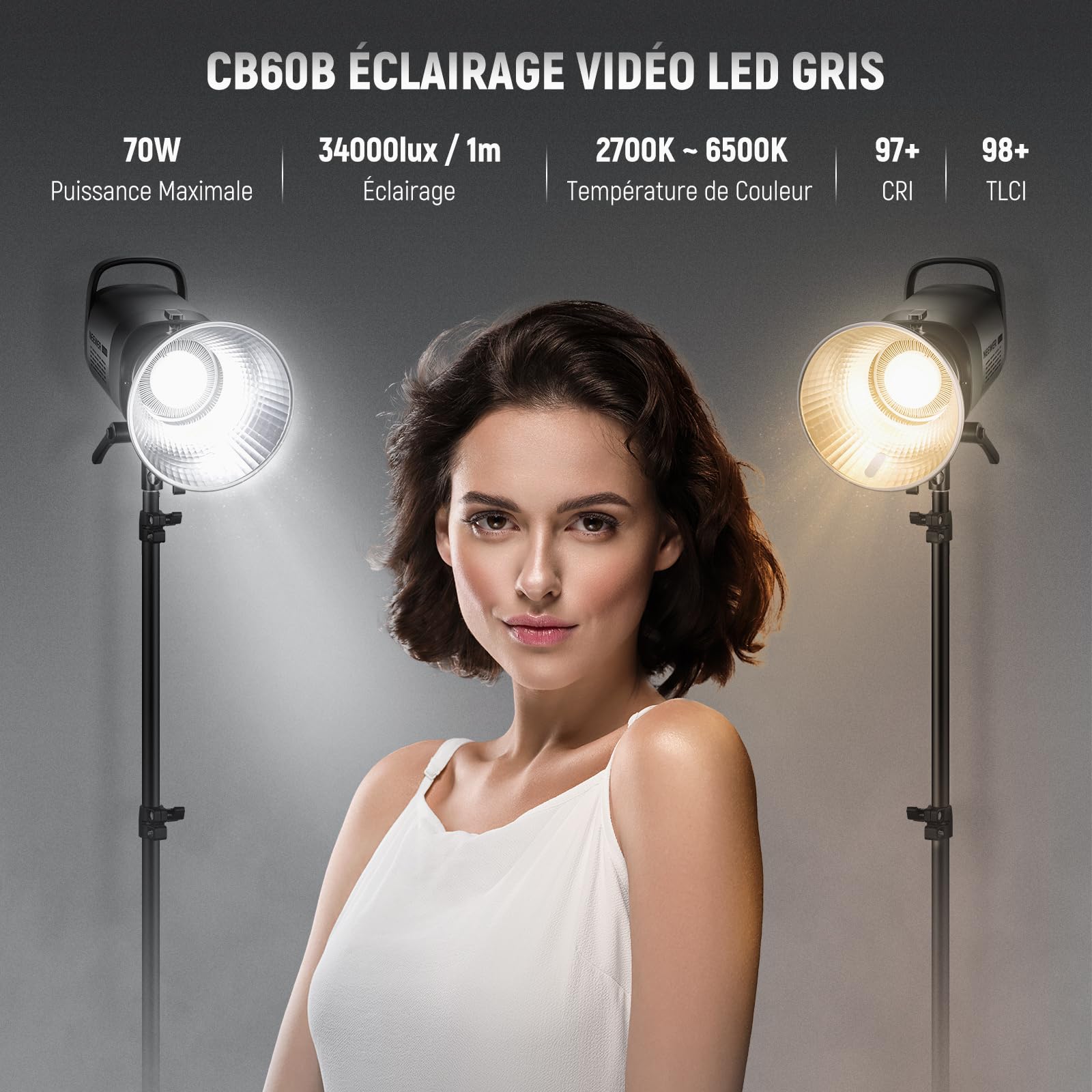 NEEWER CB60B 70W COB Video Light avec 2.4G/Application Contrôle à Distance, Bicolore Éclairage Continu LED, Monture Bowens Lumière Photo Studio