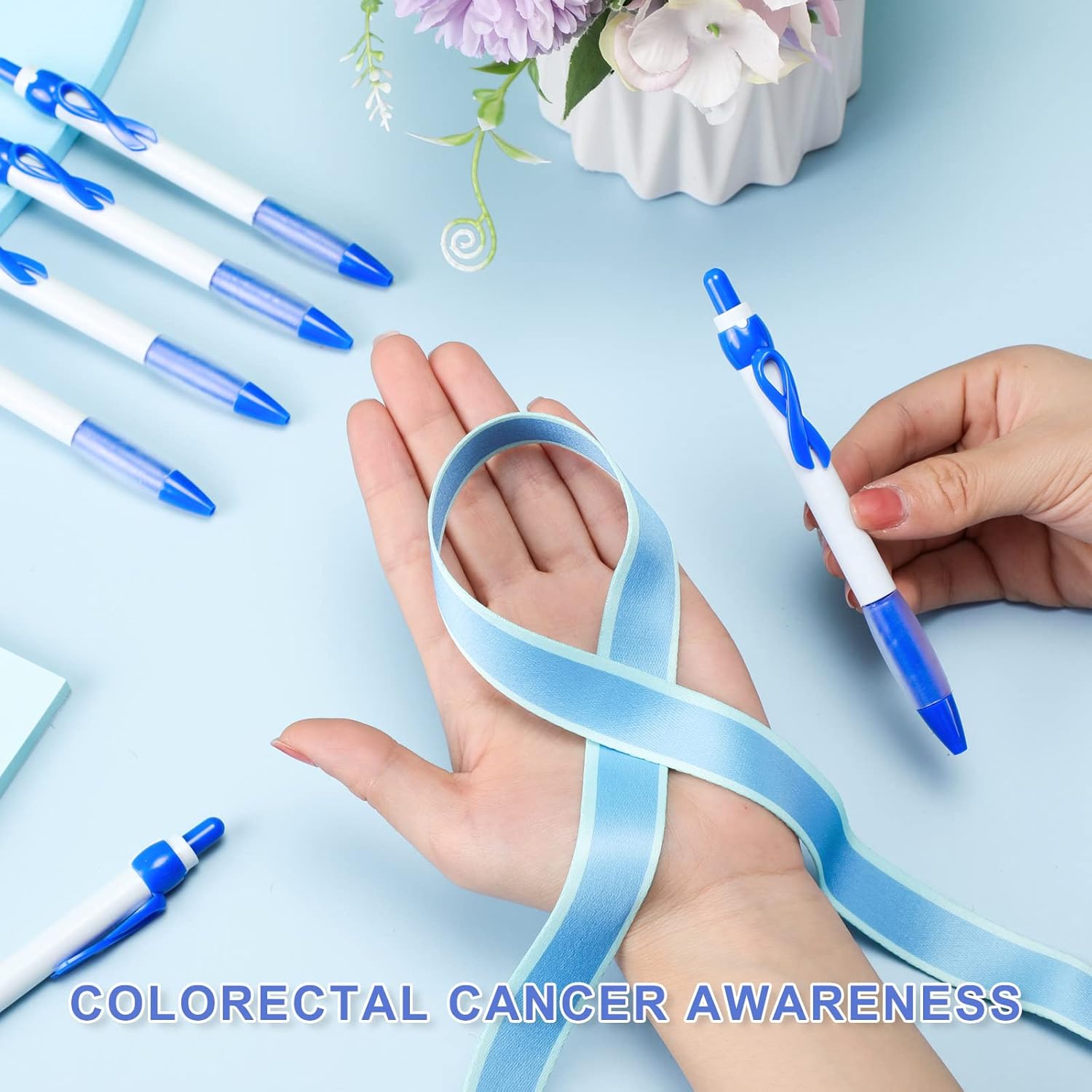 Yexiya 100 Pcs Breast Cancer Awareness Ribbon Pen Autism Domestic Violence Aids Sexual Child Abuse Mental Health Ovarian Cervical Colon Leukemia Liver Pride Lung Item, Black Ink(Blue Color)