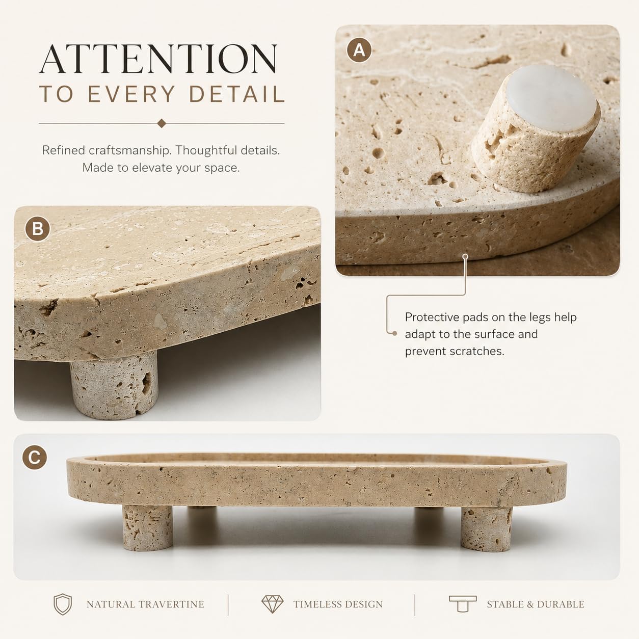 Natural Travertine Tray, Bathroom Tray and Vanity Organizer for Perfume, Jewelry, Bathroom Accessories, Oval Raised Stone Decor with Gift Box