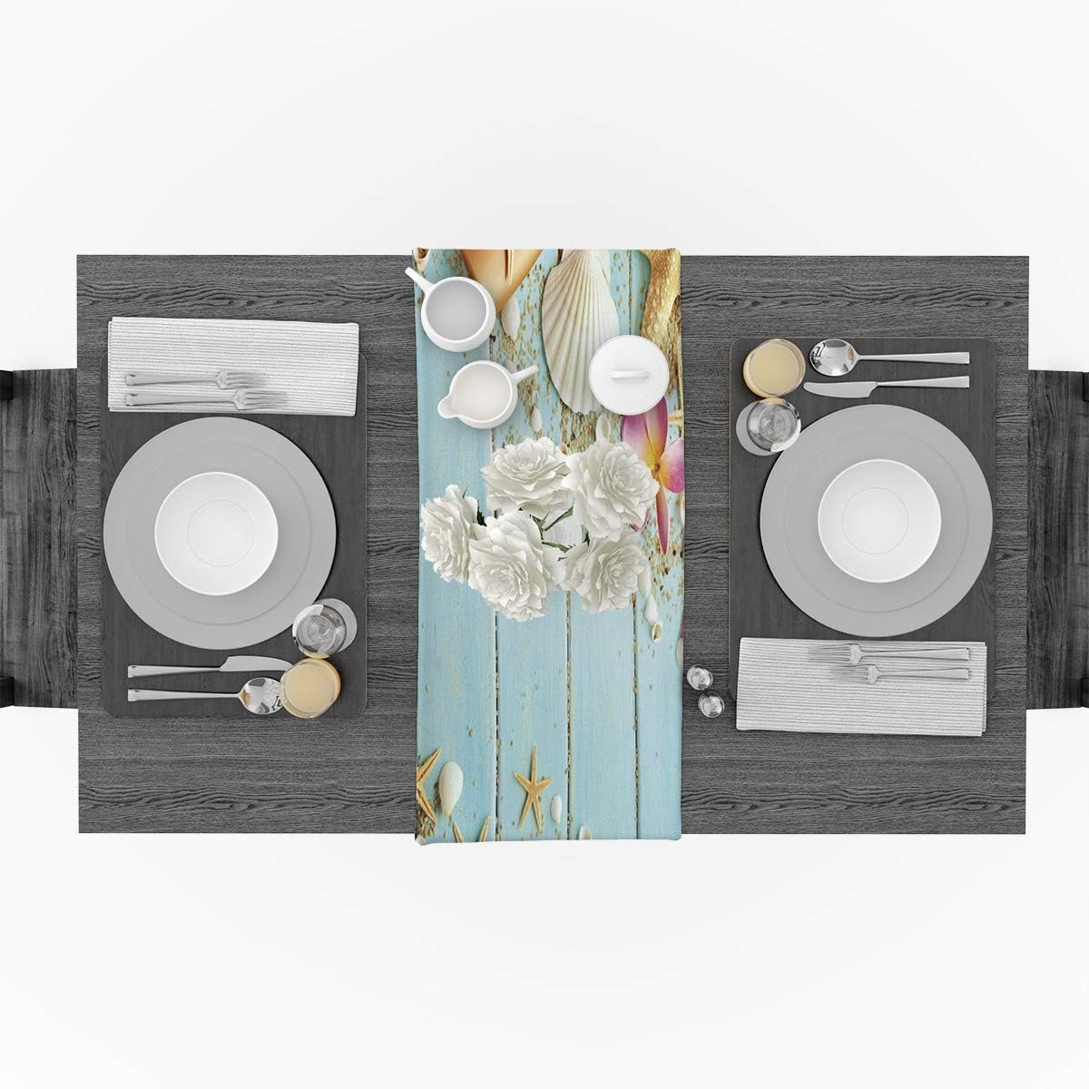 🔥 Crаzу Dеаlѕ FAMILYDECOR Linen Burlap Table Runner Dresser Scarves, Starfish Shell On Blue Wooden Kitchen Table Runners for Dinner Holiday Parties, Wedding, Events, Decor - 14 x 72 Inch