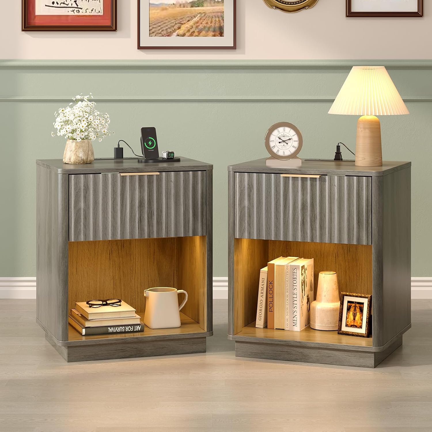 VINGLI Night Stands Set 2 with Charging Station, LED Nightstand Fluted with Rounded Edge, 19" W Mid Century Modern Nightstand for Bedroom, Fluted Night Stand/End Table/Bed Side Table, Grey