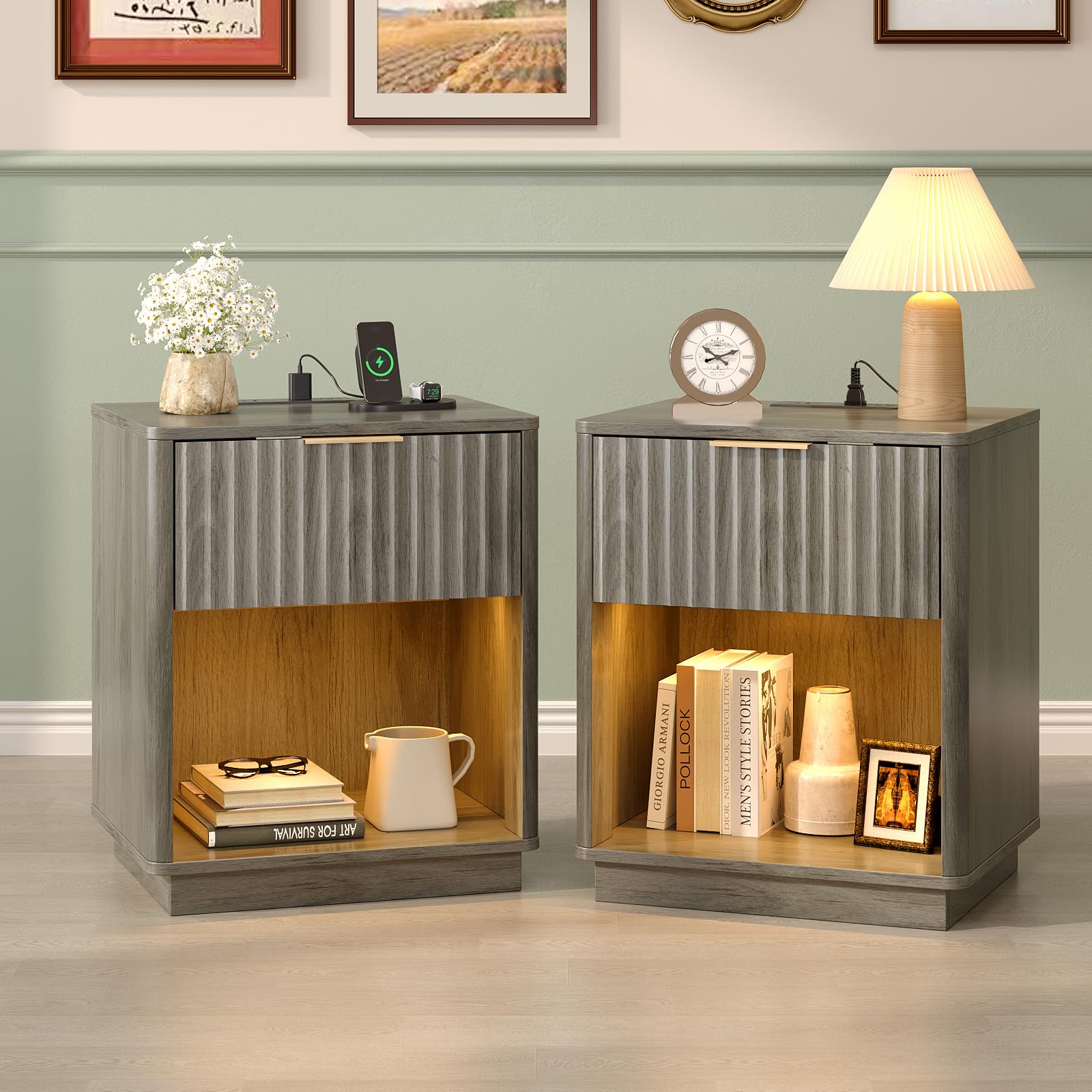 Bonnlo Bedside Table with USB, Smart Nightstand with LED Lights & Charging Station, 48 x 38 x 57 cm, Side Table for Living Room, Bedroom, Office (Grey,2pcs)