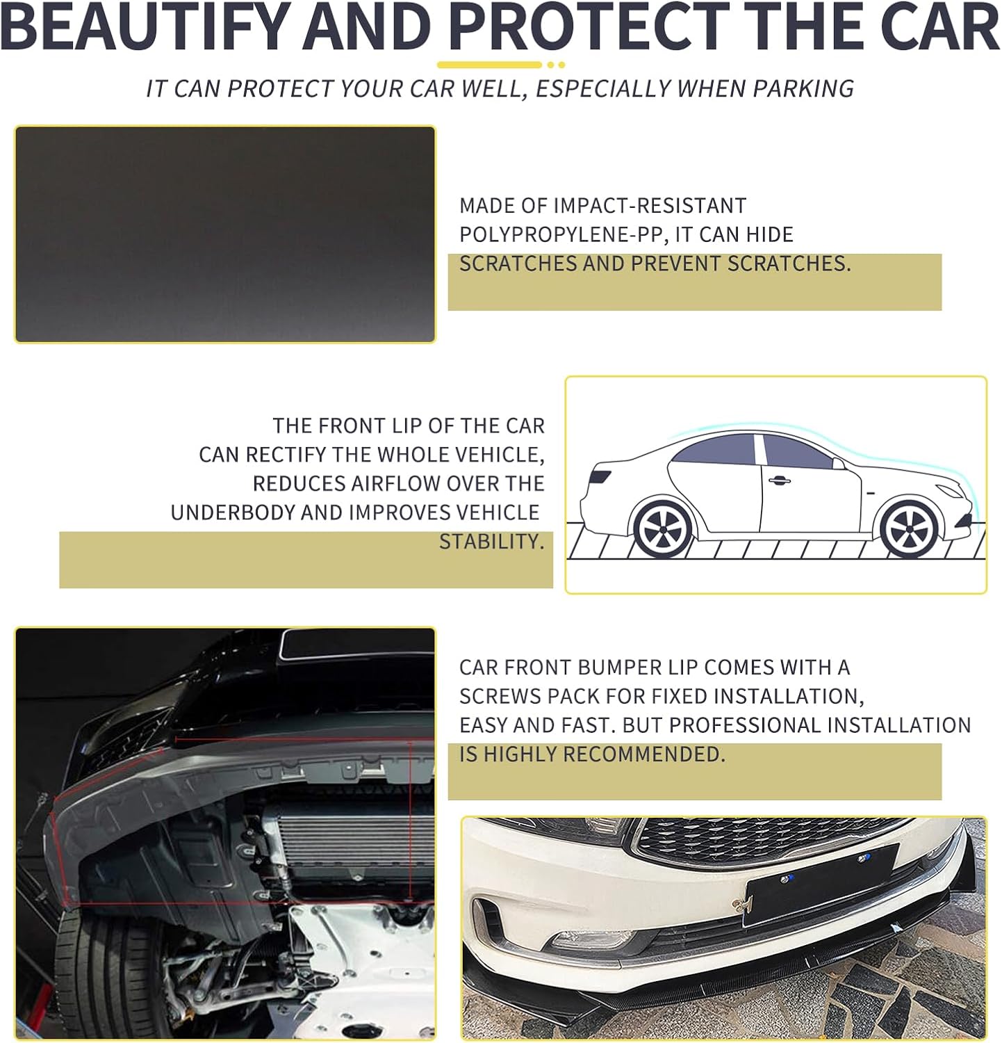 Universal Car Front Bumper Lip Spoiler Splitter Front Bumper Lip Splitter Body Kit Compatible with Honda Civic Accord Chevy Silverado Dodge Durango Corvette C8 C7 Cadillac Nissan Altima Ford