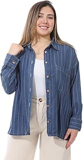 Striped Denim Button-Down Shirt, Oversized Fit, Long Sleeve, Dark Blue-3673