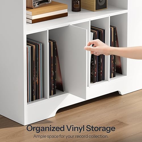 Miniatura 9 de HOOBRO Soporte grande para tocadiscos con estación de carga y luces LED, gabinete de almacenamiento de discos de vinilo con tira de luz de 21