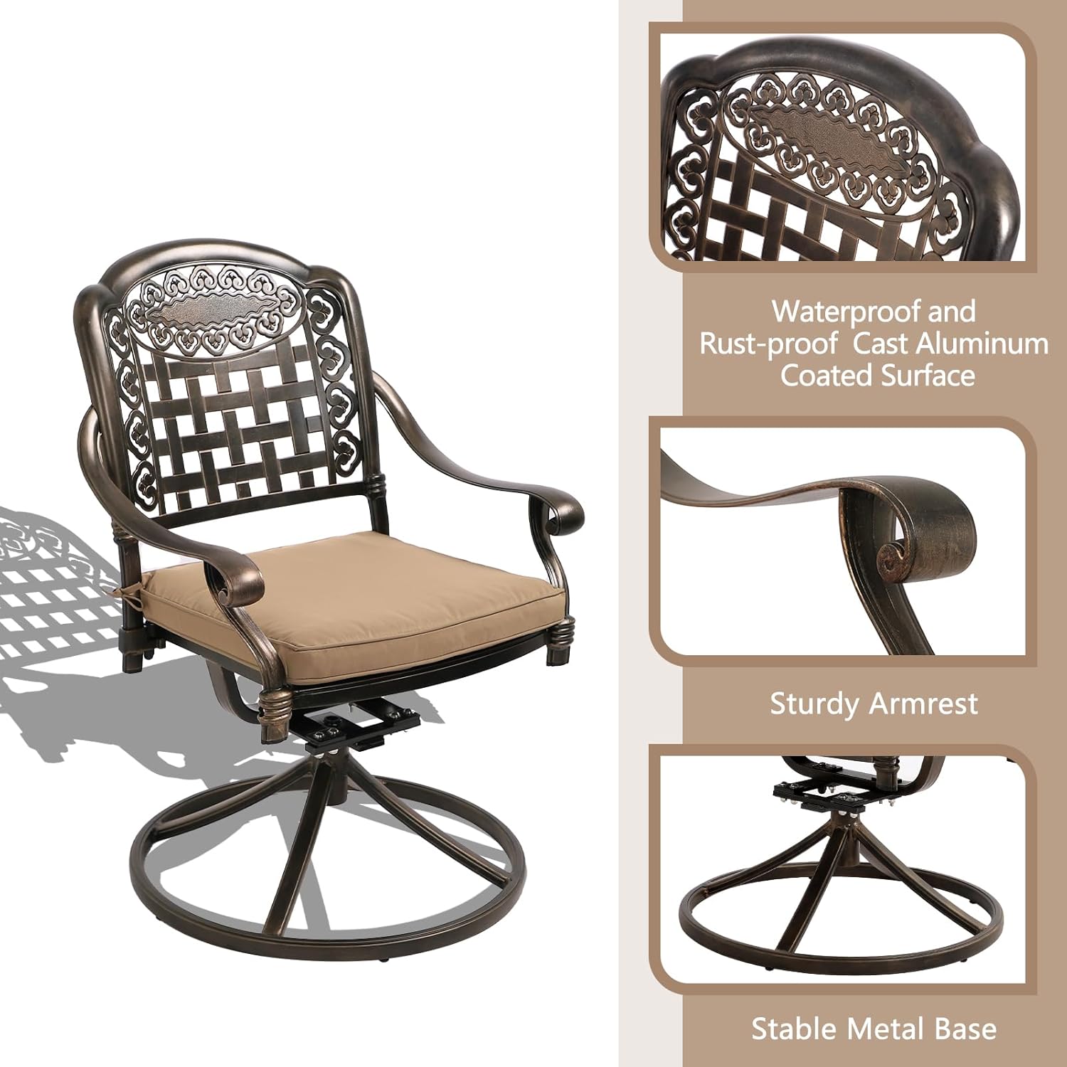 MAGIC UNION 2 Pieces Patio Dining Chairs, Outdoor Cast Aluminum Swivel Chairs with Armrest, Patio Bistro Rocking Chair Set of 2 for Garden, Backyard, Deck (2pc F- Swivel Chair with Khaki Cushion)