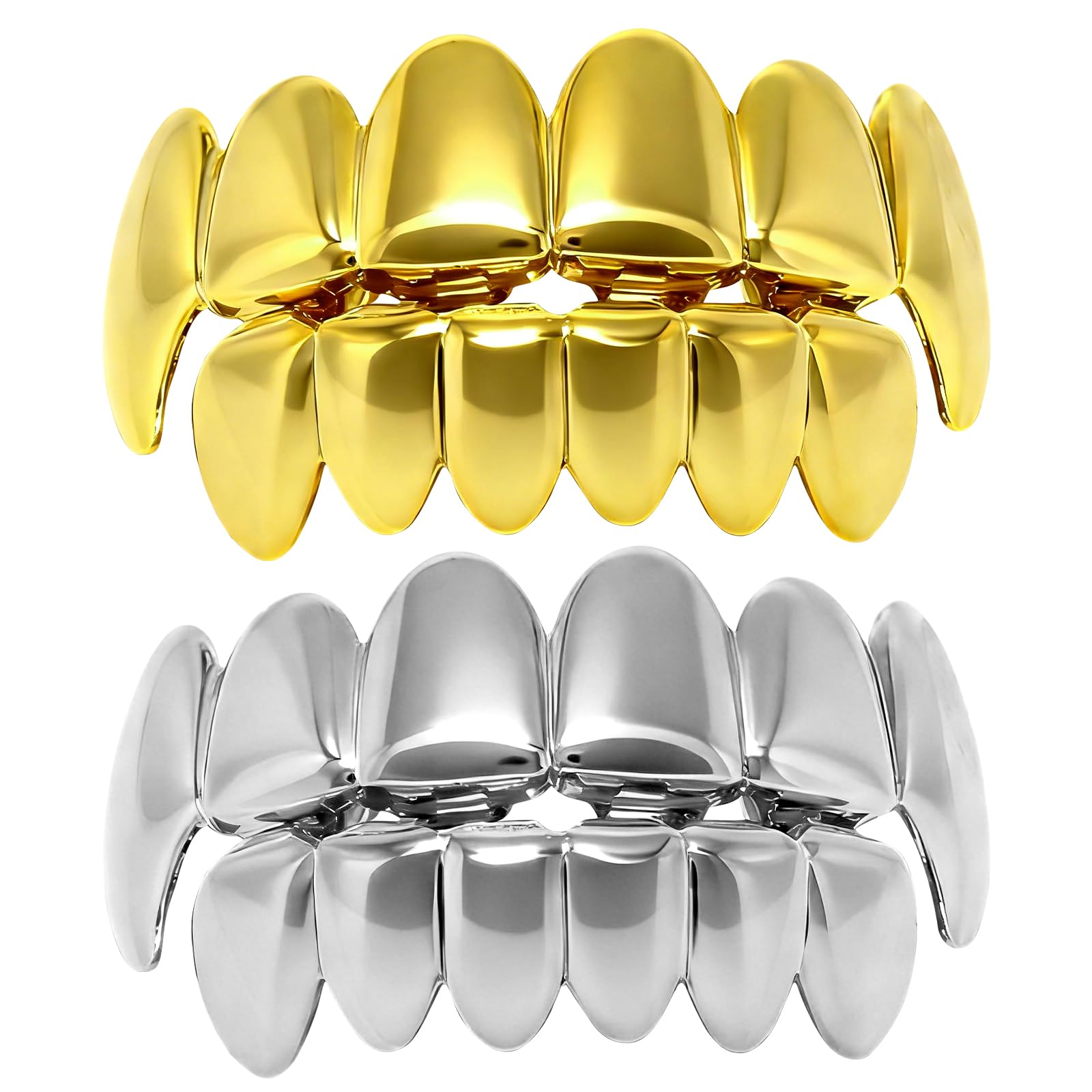 2Pairs Grillz, Grills for Teeth Gold & Silver Grillz Top & Bottom Set, 18K Gold- Plated Grills, Parties, Proms
