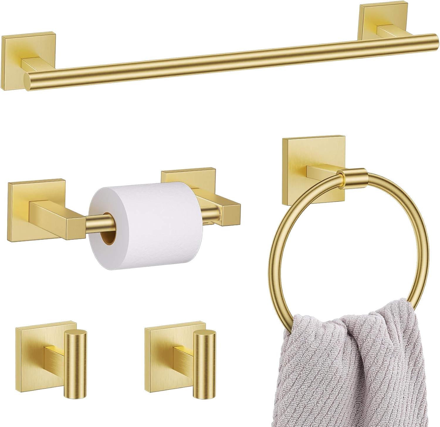Lairuier 5 Pieces Bathroom Hardware Set, Brushed Nickel Towel Bar Set Includes 23.6” Towel Bar, Towel Ring Holder, Toilet Paper Holder and Two Towel Hooks, Bathroom Accessories Set SUS304 Wall Mounted