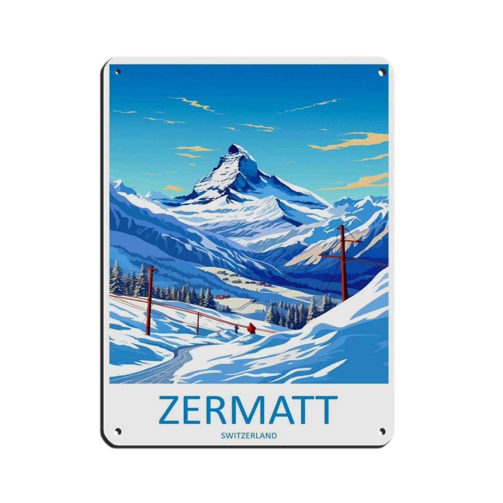 Zermatt Travel Art Ski Art Lover Gift Tin Sign Vintage Metal Pub Club Cafe Bar Home Wall Art Decoration Poster Retro 12x16inch(30x40cm)