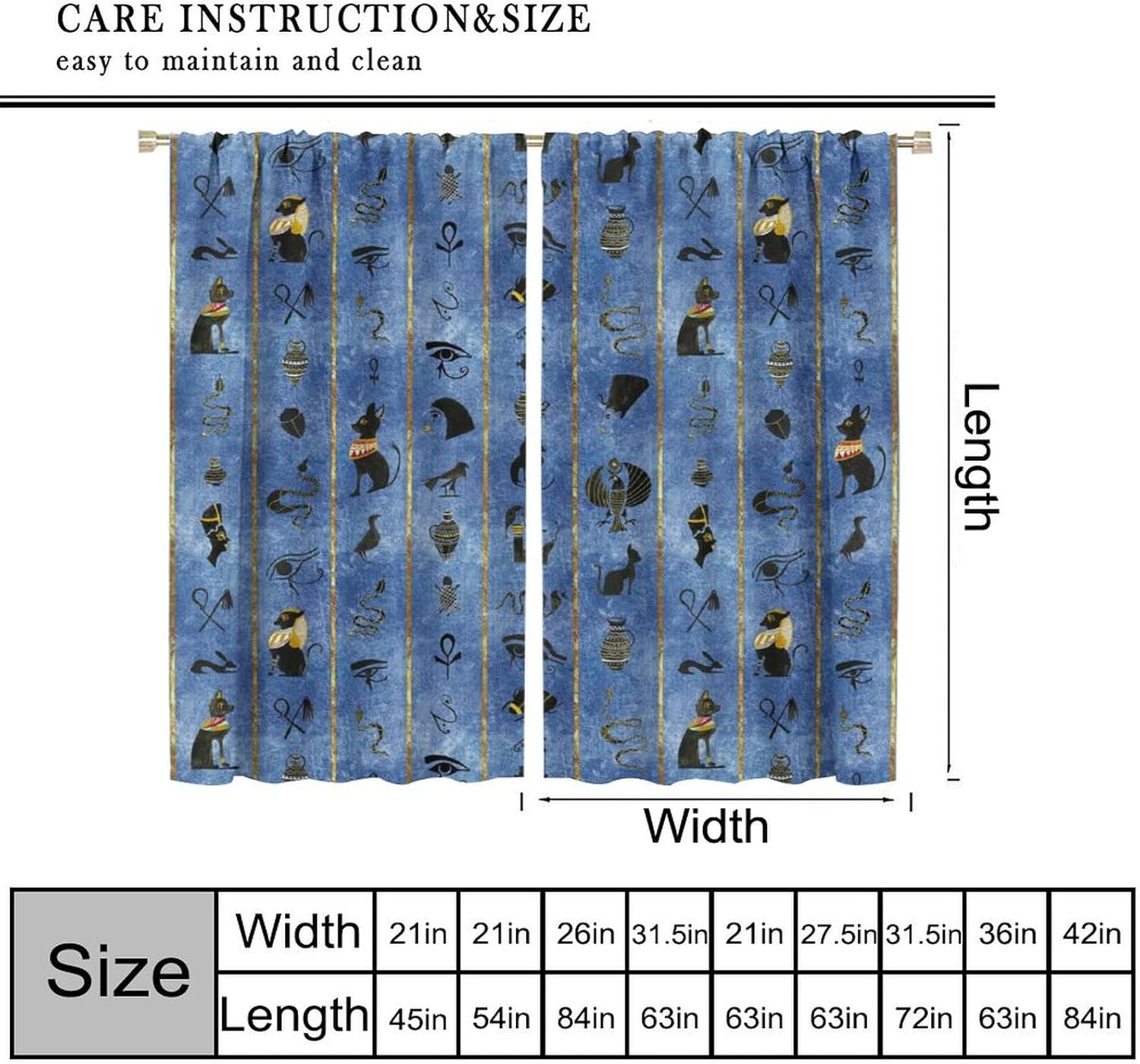 Egypt Curtains, Blue Abstract Watercolor Egyptian Symbols Black Cat Print Blackout Window Treatments, Rod Pocket Thermal Insulated Drapes 2 Panel Sets for Bedroom Living Room Kitchen, 42"W X 54"L