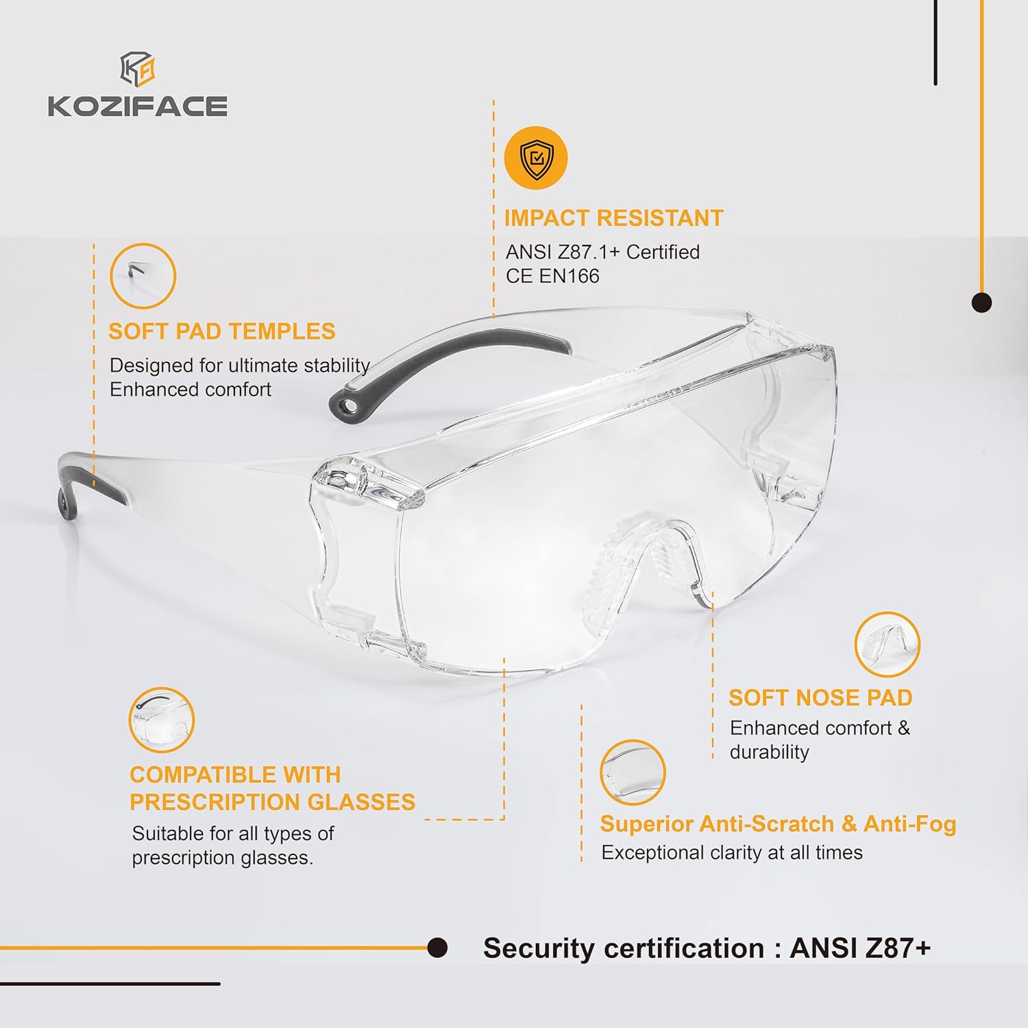 Koziface Safety Glasses for Men and Women White Blue Pink Over Eye Glasses Prescription Anti Fog Clear Lens Side Shields C31 - Image 2