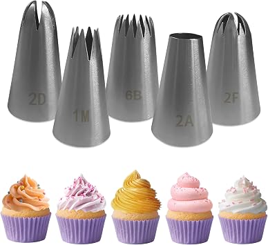 5PCS Large Piping Tips Set,Stainless Steel Cake Decorating Tips,Frosting Piping Kit,Frosting Icing Tip Baking Tools for Cupcakes,Pastry,Cake,Cookie Decorating Kit,Dishwasher Safe1M,2D,2F,6B,2A