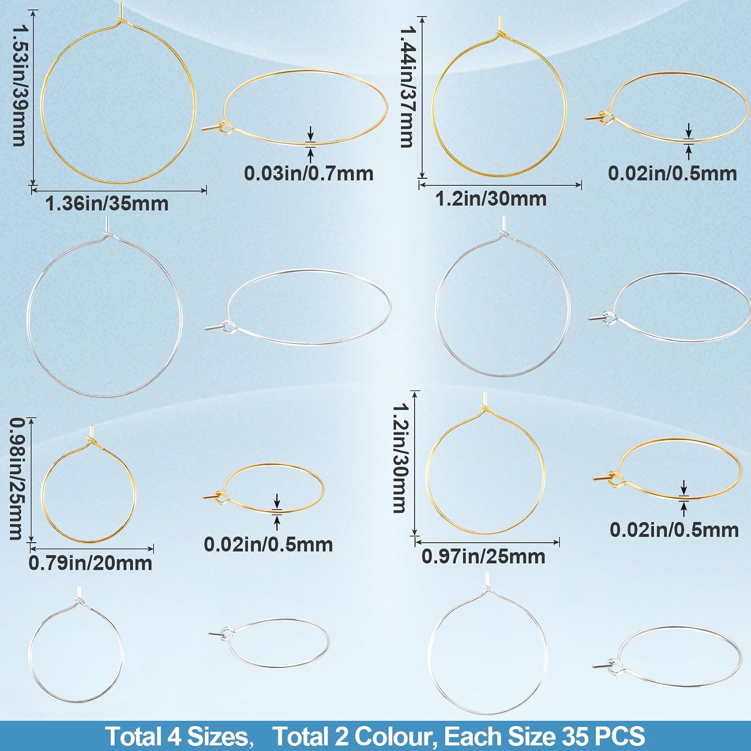 Pndeyo 280pcs Hypoallergenic Earring Beading Hoops, 20mm 25mm 30mm 35mm Round Hoop Earrings Findings, Open Earring Wire Ring Accessories for Jewelry Making- Silver & Gold