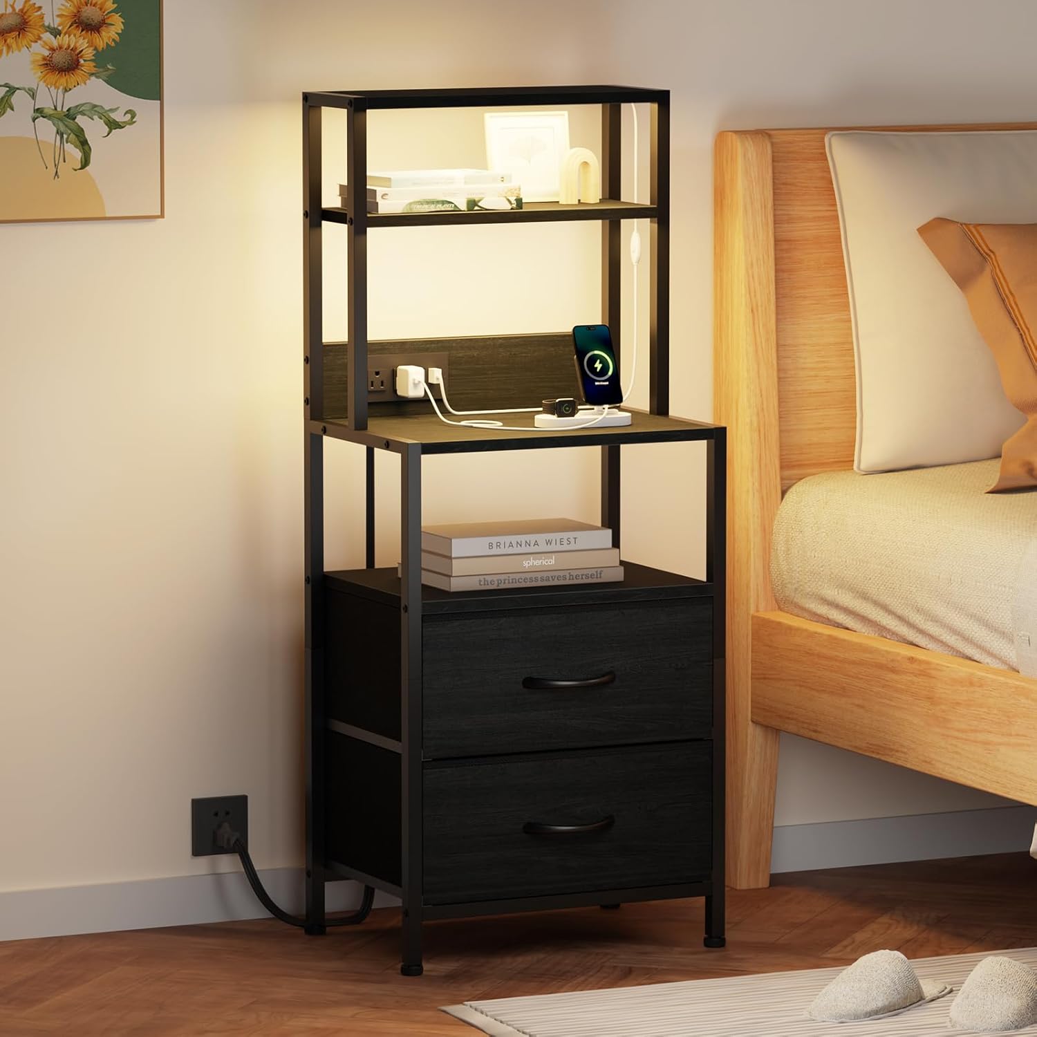 Furnulem 4 Drawer Nightstand with Shelf, Tall Black Dresser for Bedroom with Led Light and Charging Station,Bedside Table and Bookshelf 2 in 1, Black Oak
