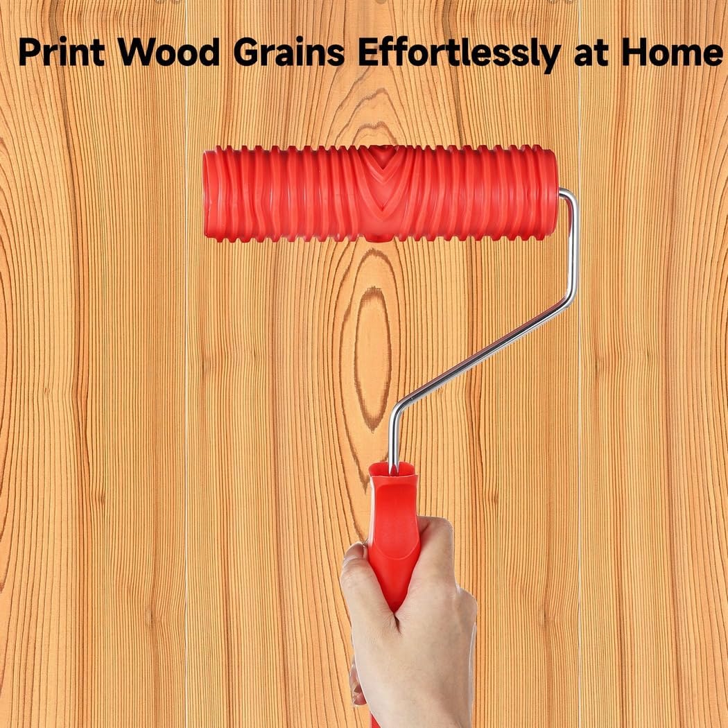 Wood Finish Paint Tool Kit – 6 Pcs Rubber Texture Tools with Roller Handle and Brush for DIY Wood Grain Wall and Furniture Projects