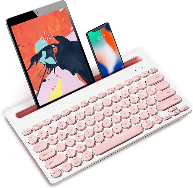 GECENinov Pink Bluetooth Wireless Keyboard, Multi-Device Bluetooth Keyboard with Phone Holder, Tablet Keyboard for ipad, Compatible with IOS, Android, Windows