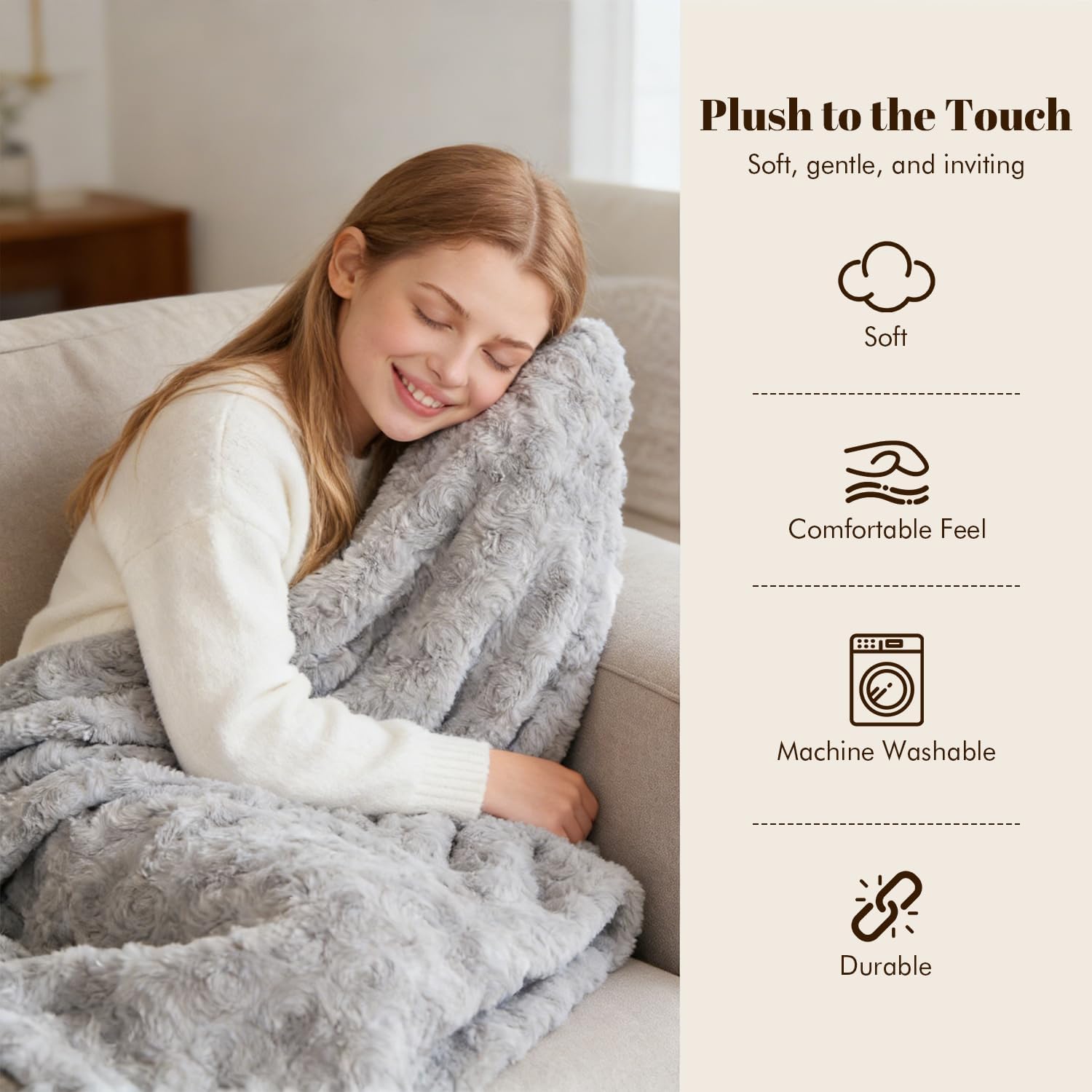 Faux Fur Throw Blanket, Ultra Plush Reversible Couch Blanket with Wave Texture, Cozy Warm Fluffy Decor for Living Room & Bedroom, Dorm, Gift for Women Men