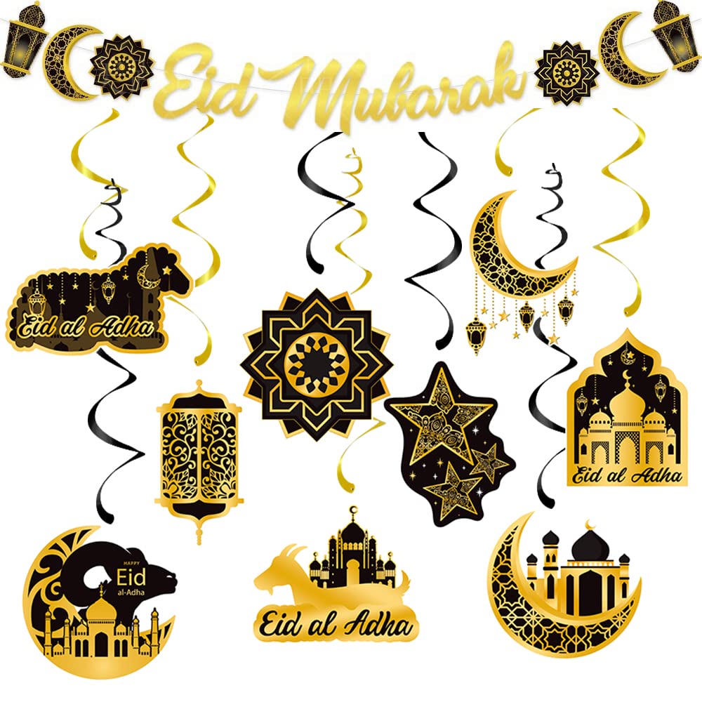 Eid Mubarak Decorations 19 PCS,Eid Mubarak Ramadan Banner Bunting With Swirl Black Gold Star Moon Castle Crescent Hanging Ceiling Decorations for Home Islam Muslim Holiday Eid Party Supplies