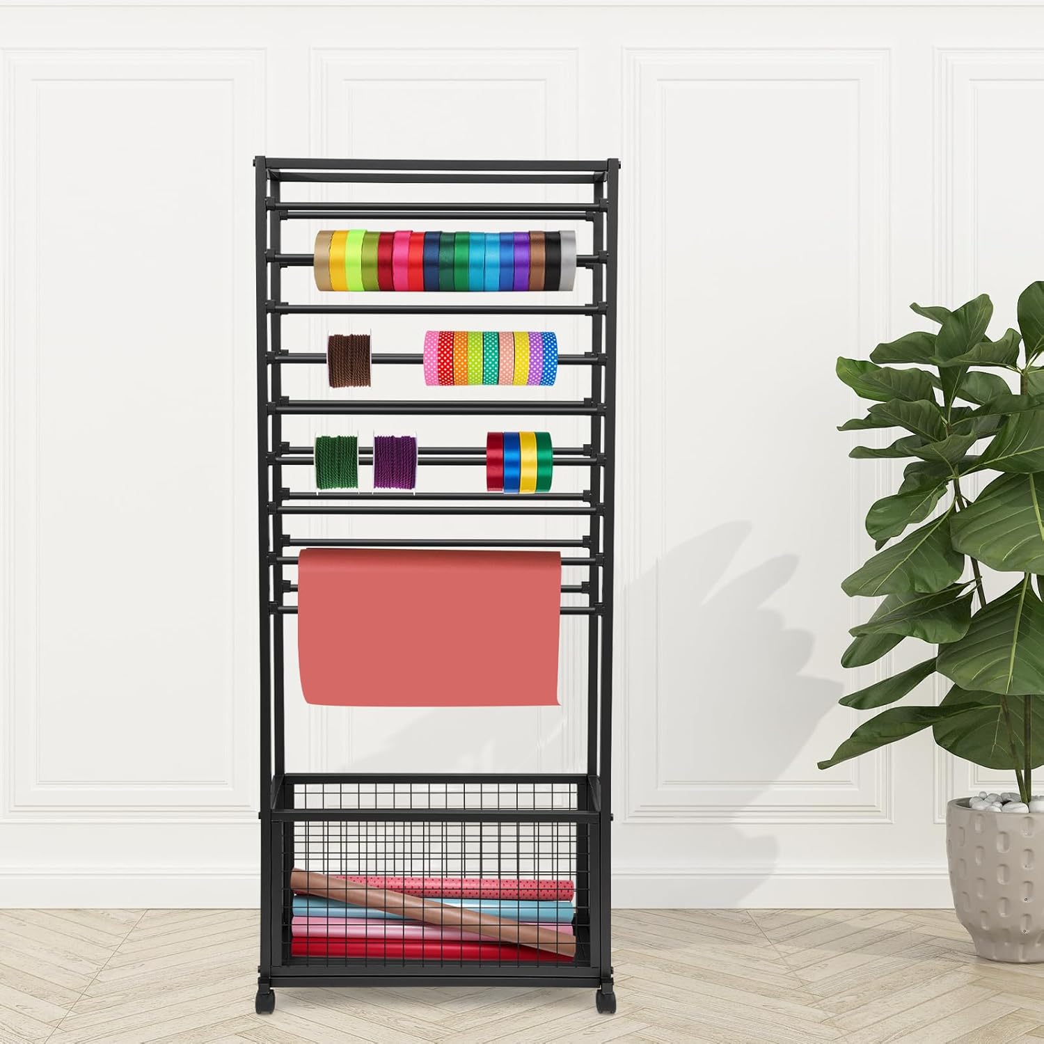 20-Tier Double-Sided Ribbon Holder Organizer Rack with Storage Basket & Wheels, Multifunctional Flower Wrapping Paper Display Stand for Craft Rooms, Flower Shops (Black, 26.38''W x 12.6''D x 59.06''H)