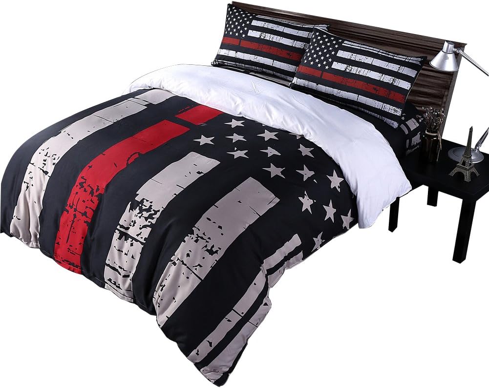 Rhap Quilts Cover Queen Size, American Flag Duvet Cover Set, 3pcs Bedspreads Queen Size Set, Red Black Valor Patriot Theme Digital Printed Quilt Cover Matching 2 Pillowcases