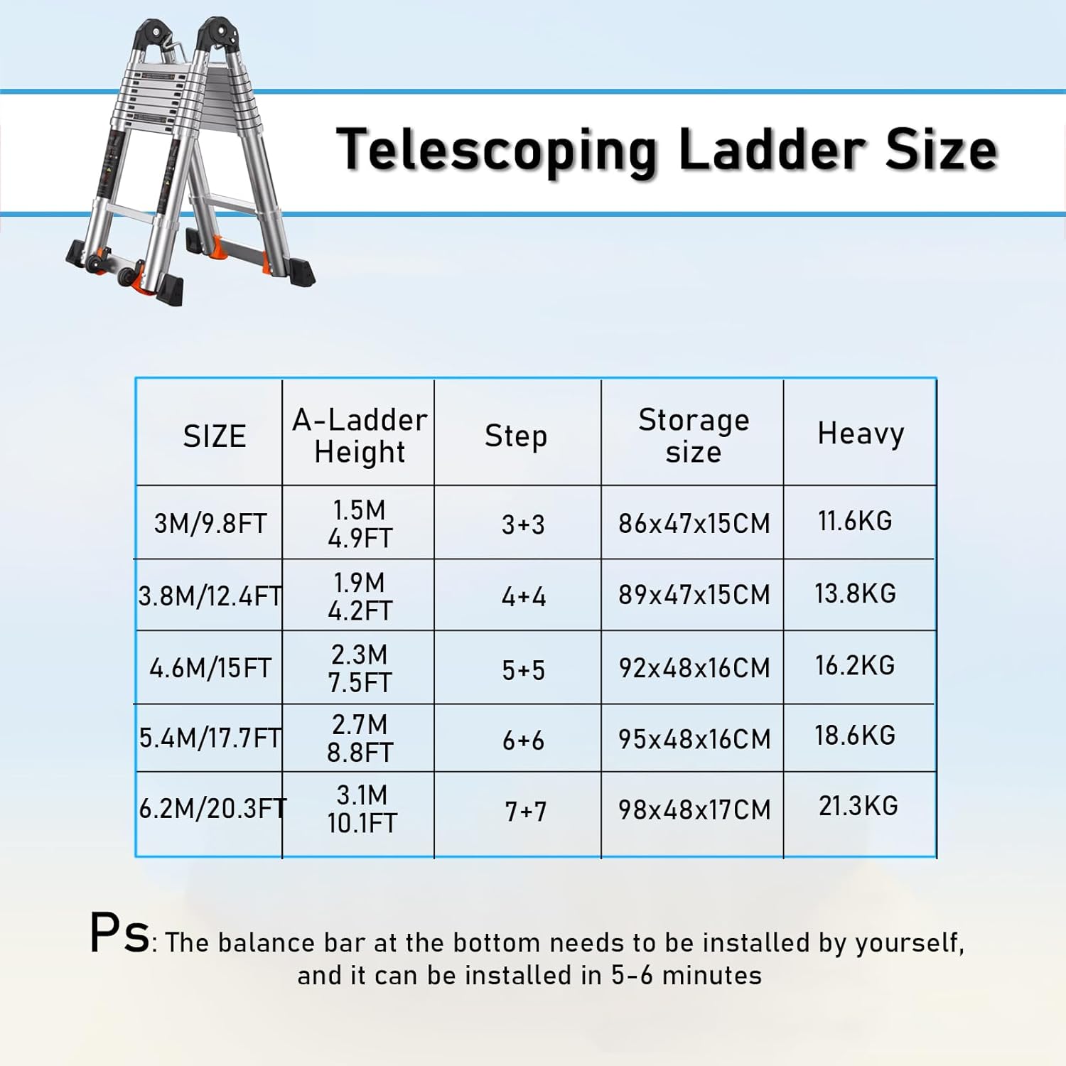 Portable 2-in-1 A-Shape Telescopic Ladder with Balance Bar and Wheel Household Use Aluminium Folding Telescoping Ladder Multi-Purpose Extension Ladder for Outdoor Work The vast Ocean