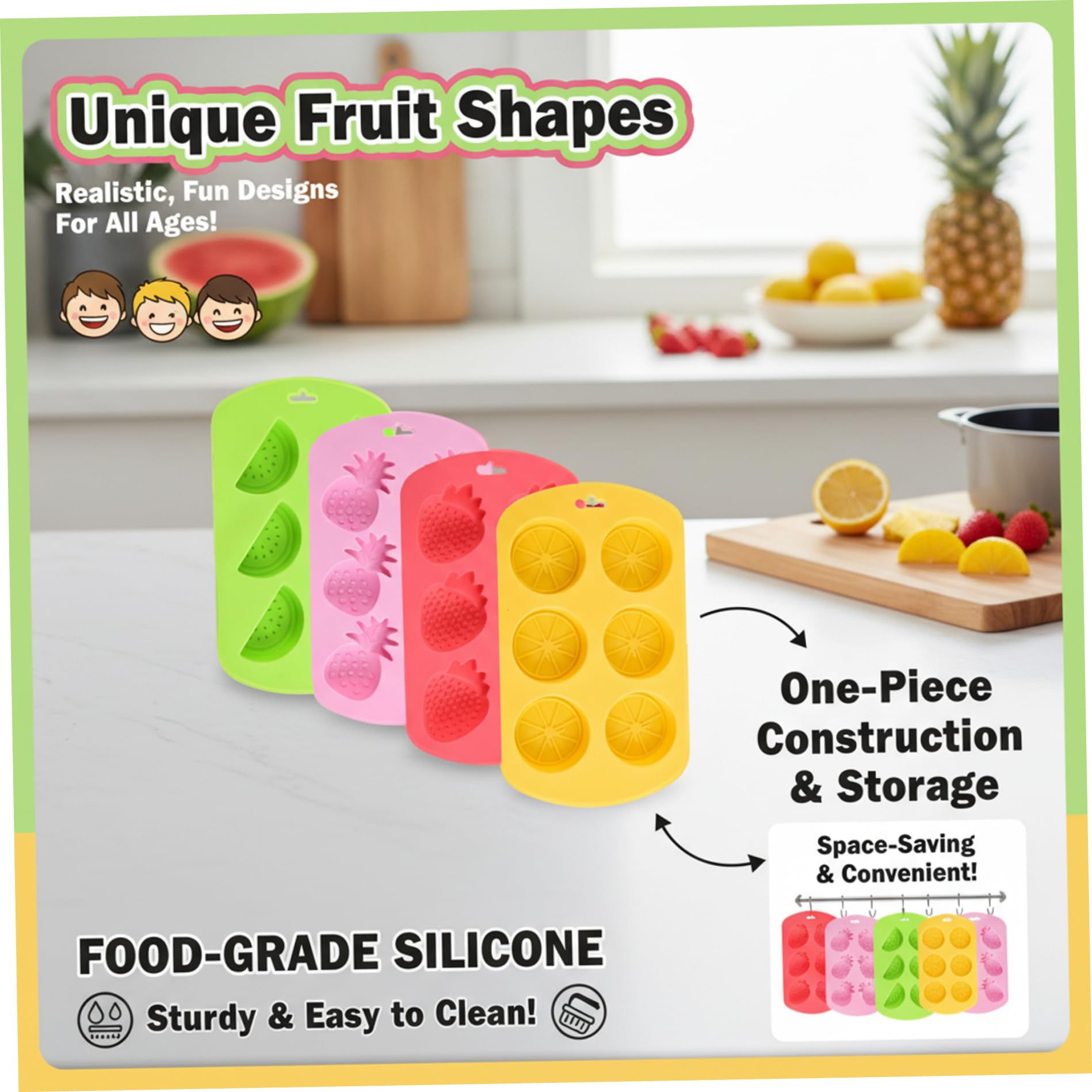 Lot de 4 moules à gommes en silicone, mignons, à bonbons, aux fruits, 6 cavités, dégagement facile, en forme de pastèque, fraise, citron, ananas, pour bricolage, gelée chocolat, collations