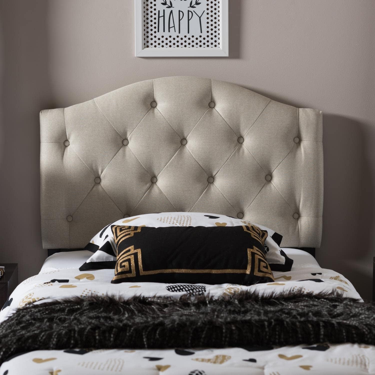 BOWERY HILL Twin Upholstered Headboard, Light Beige Polyester Fabric, Button-Tufted Design, Adjustable Legs, Solid Wood Frame, 23.6" H x 38.81" W x 2.54" D, Modern Bedroom Accent